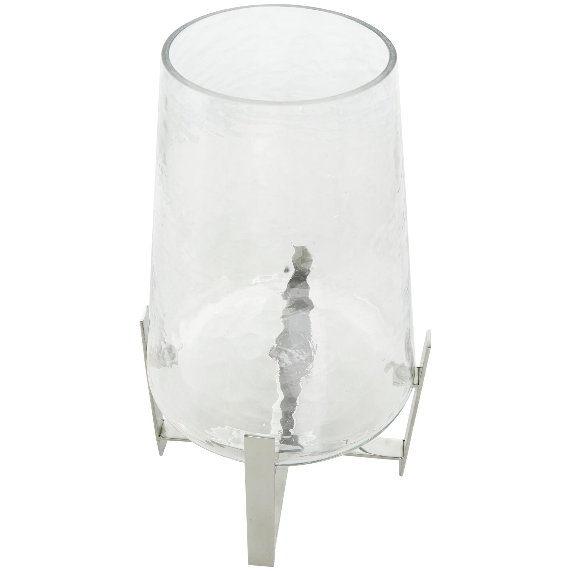 Clear Stainless Steel Metal Room Hurricane Lamp with Stainless Steel X Shaped Base