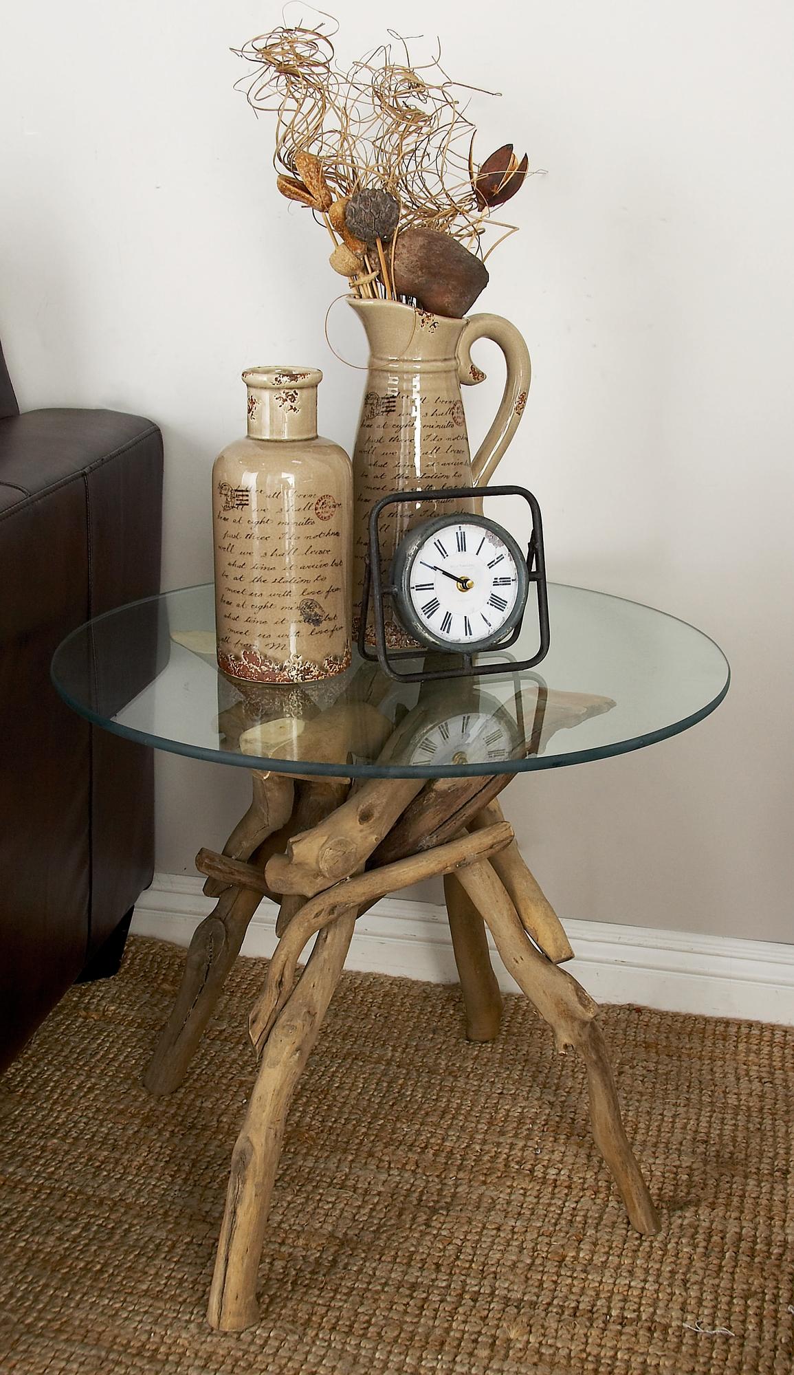 Brown Wood Handmade Tree Branch Side End Accent Table with Clear Glass Top