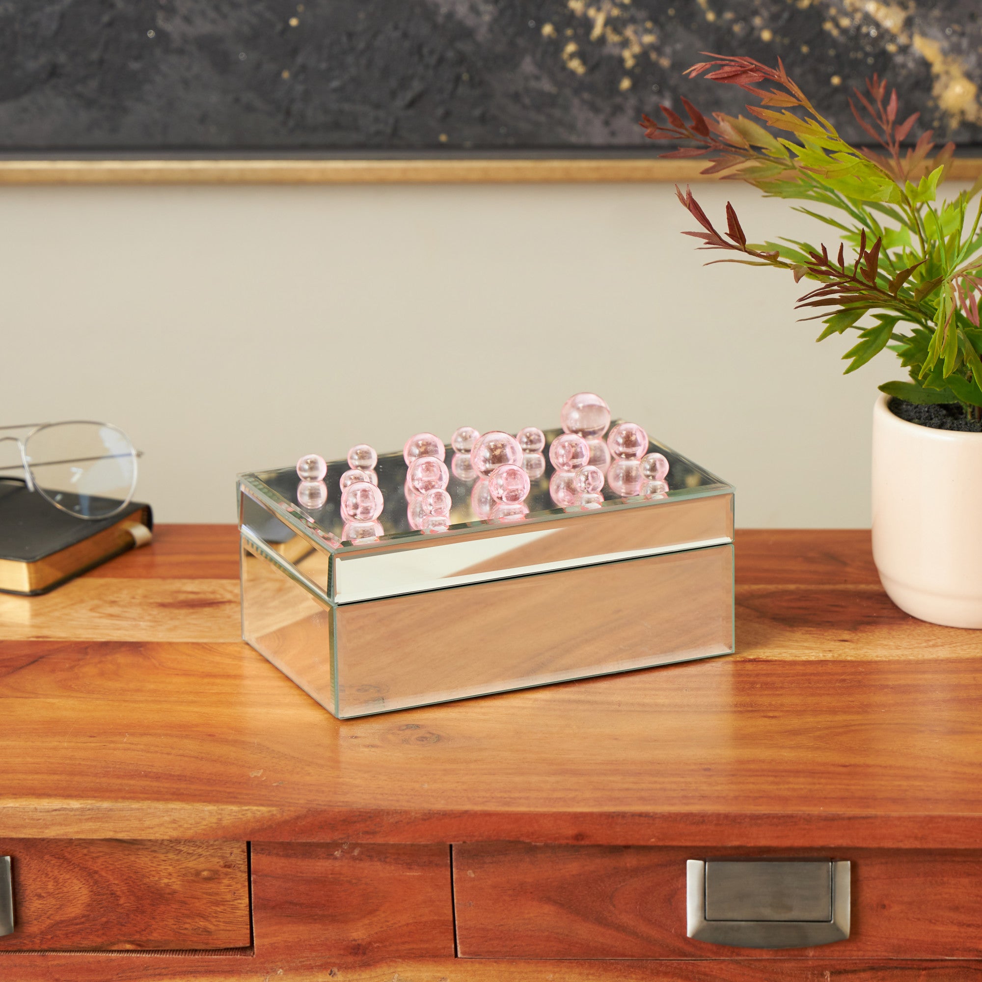 Glass Mirrored Decorative Jewelry Box with Pink Bubble Textured Balls