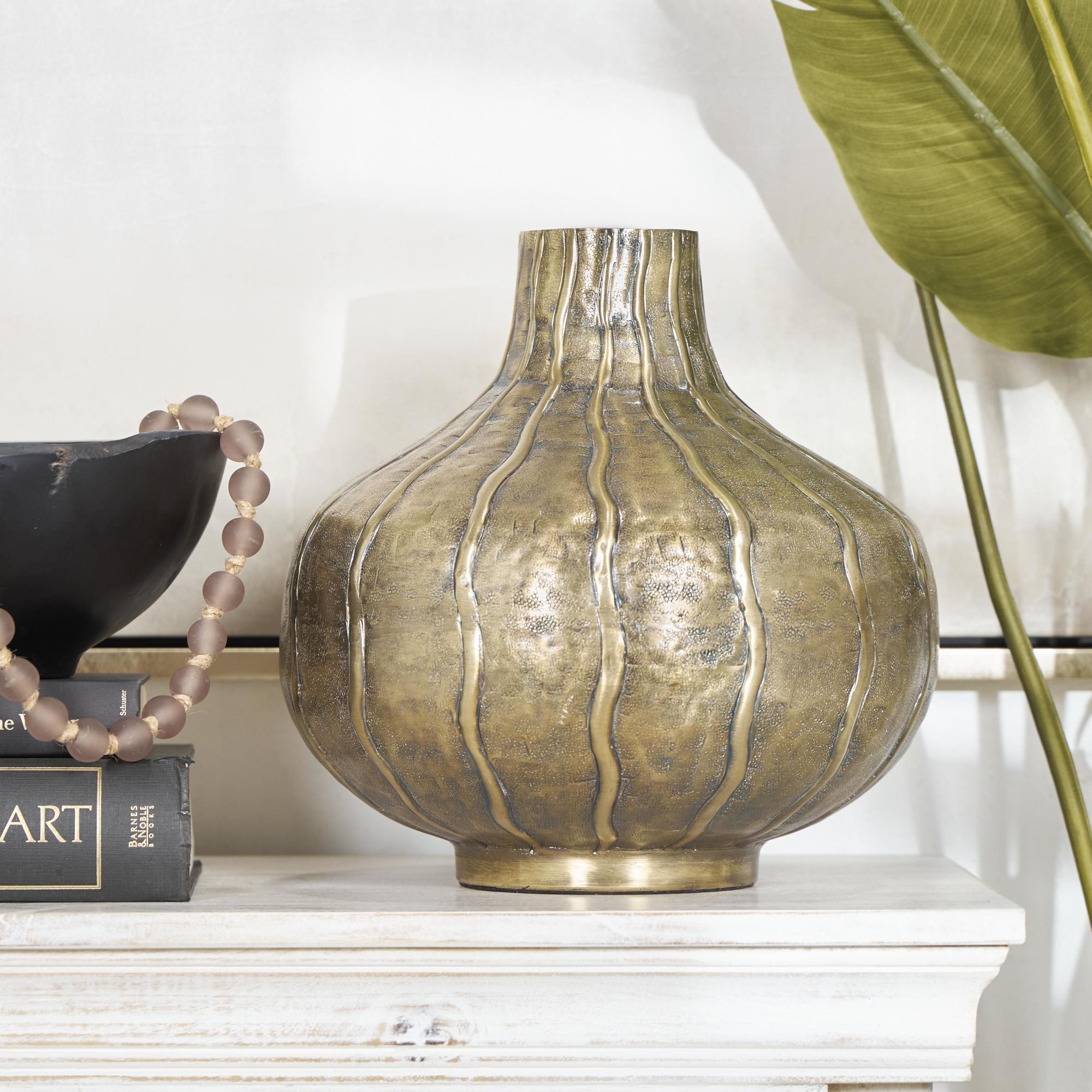 Brass Metal Wide Snakeskin Inspired Decorative Vase with Dimensional Wavy Accents