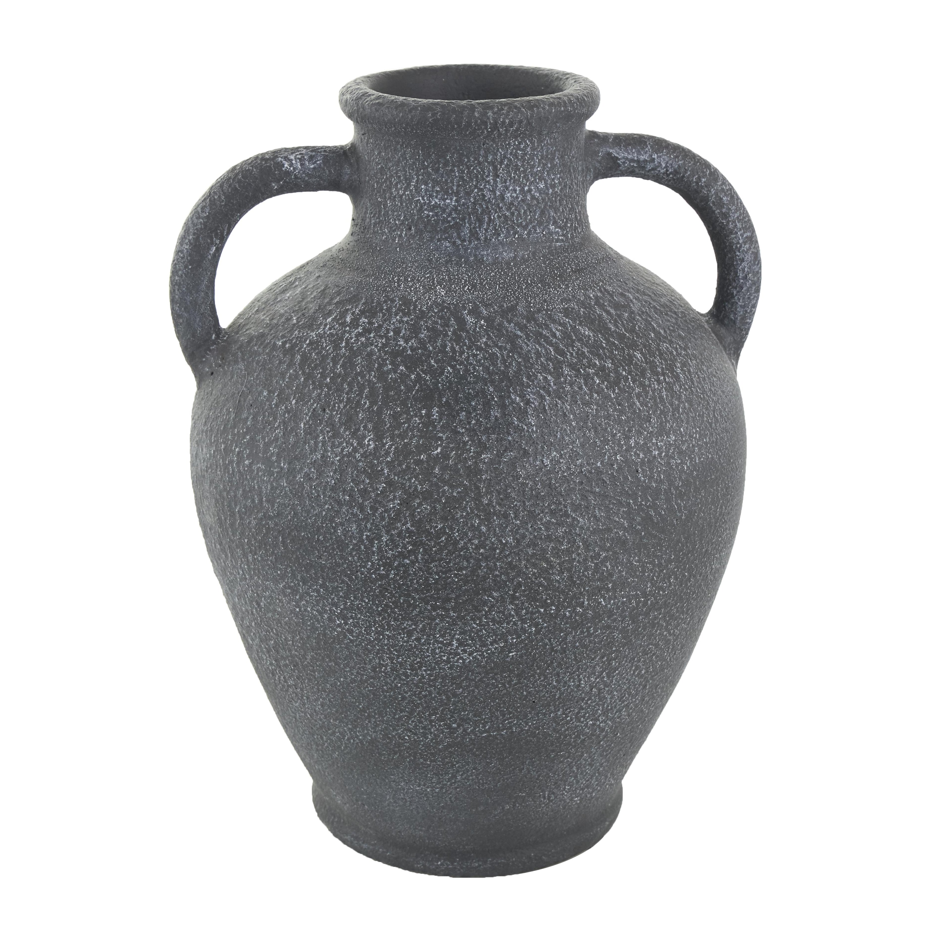 Black Ceramic Whitewashed Textured Amphora Decorative Vase with 2 Handles