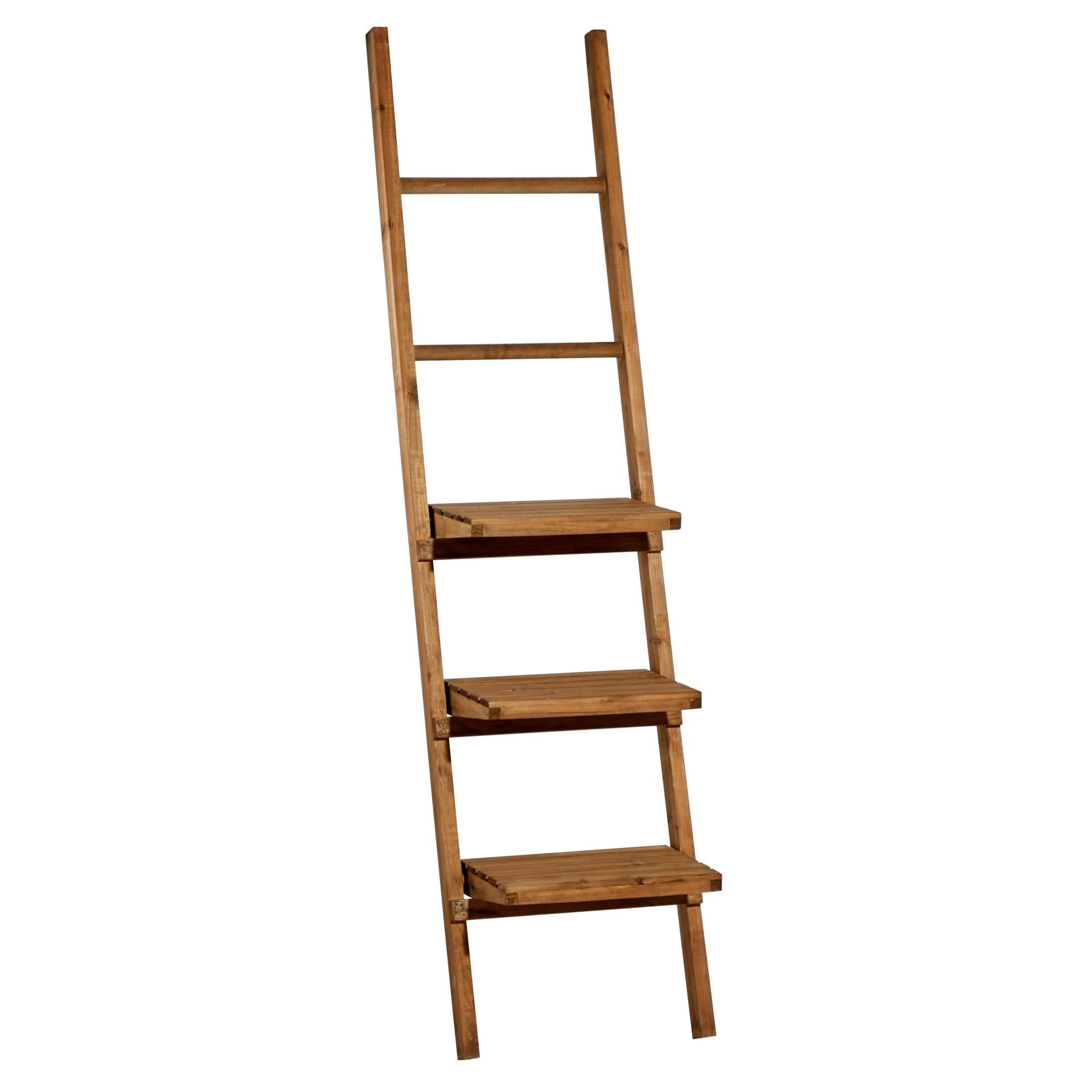 Brown Wood Leaning Ladder 3 Shelf and 2 Rung Room Wall Shelf