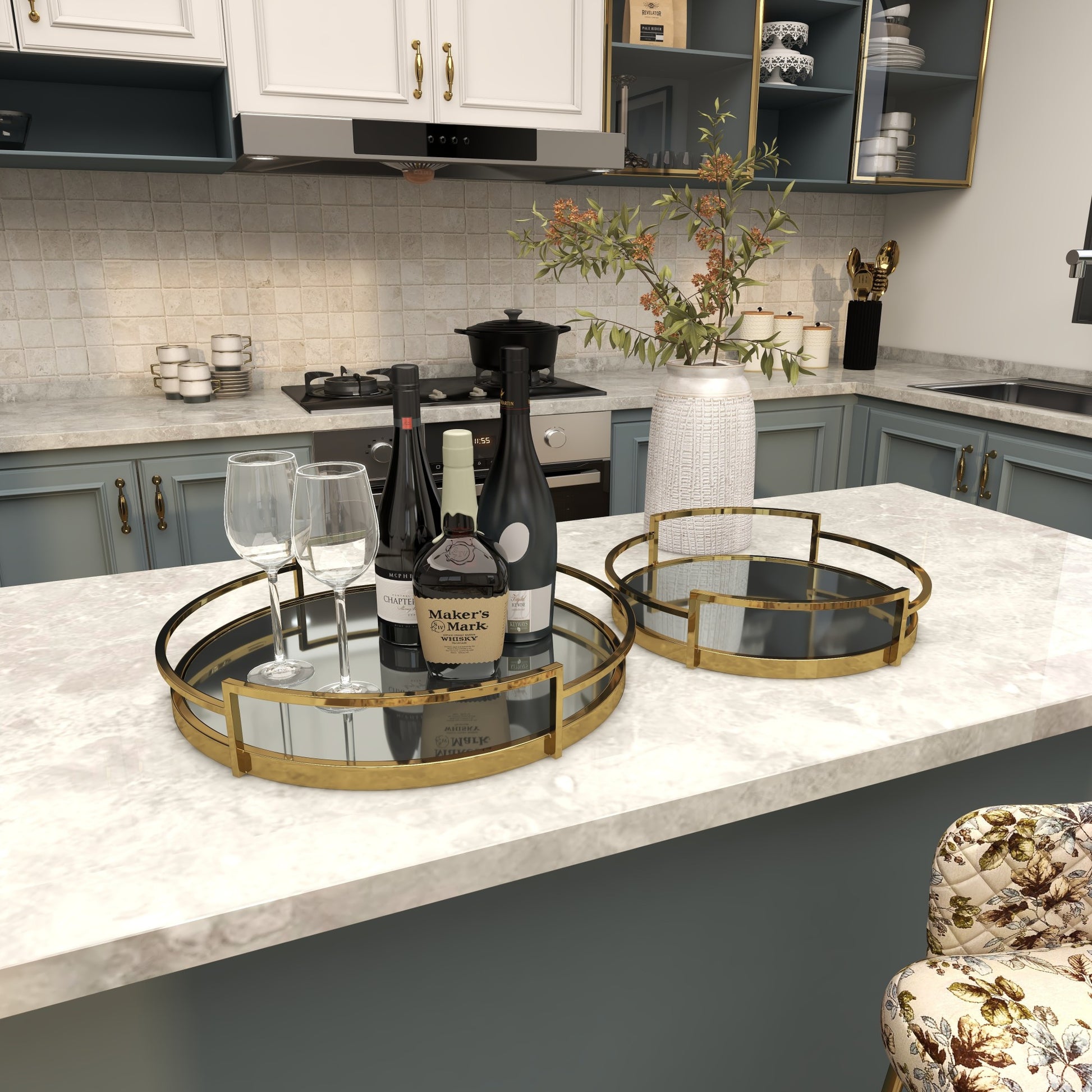 Set of 2 Stainless Steel Metal Round Mirrored Living Room Decor Tray with Elevated Rim and Handles