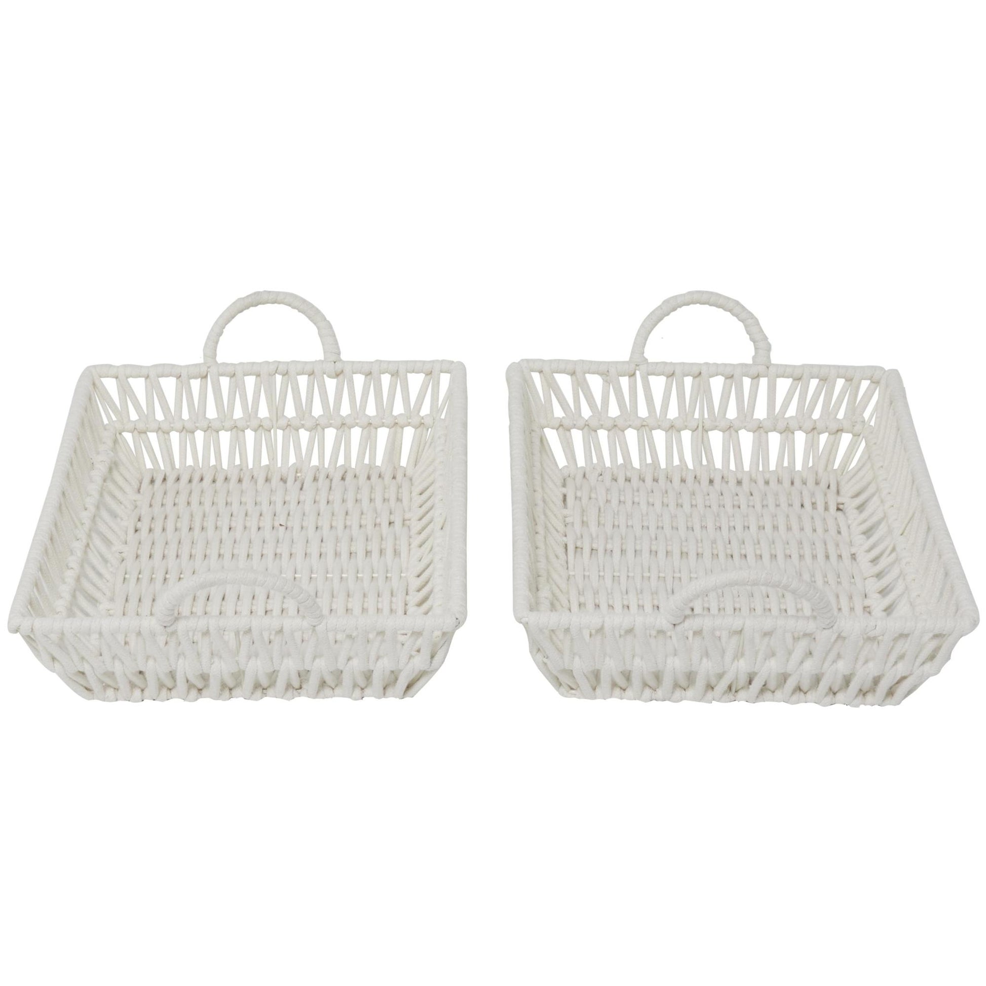 Set of 2 White Cotton Fabric Handmade Woven Living Room Decor Tray with Handles