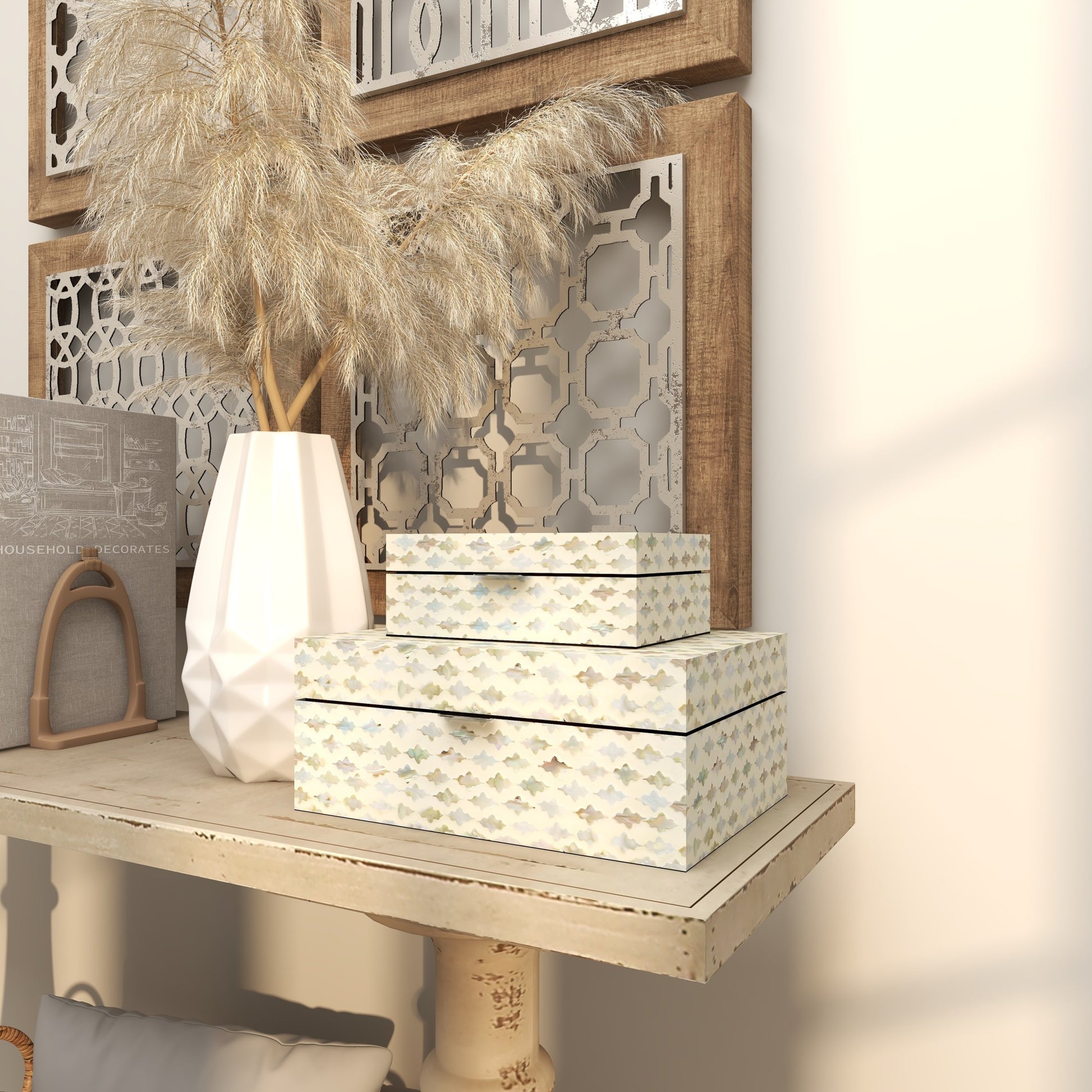 Set of 2 Geometric Cream Mother of Pearl Shell Handmade Storage Decorative Box with Hinged Lid