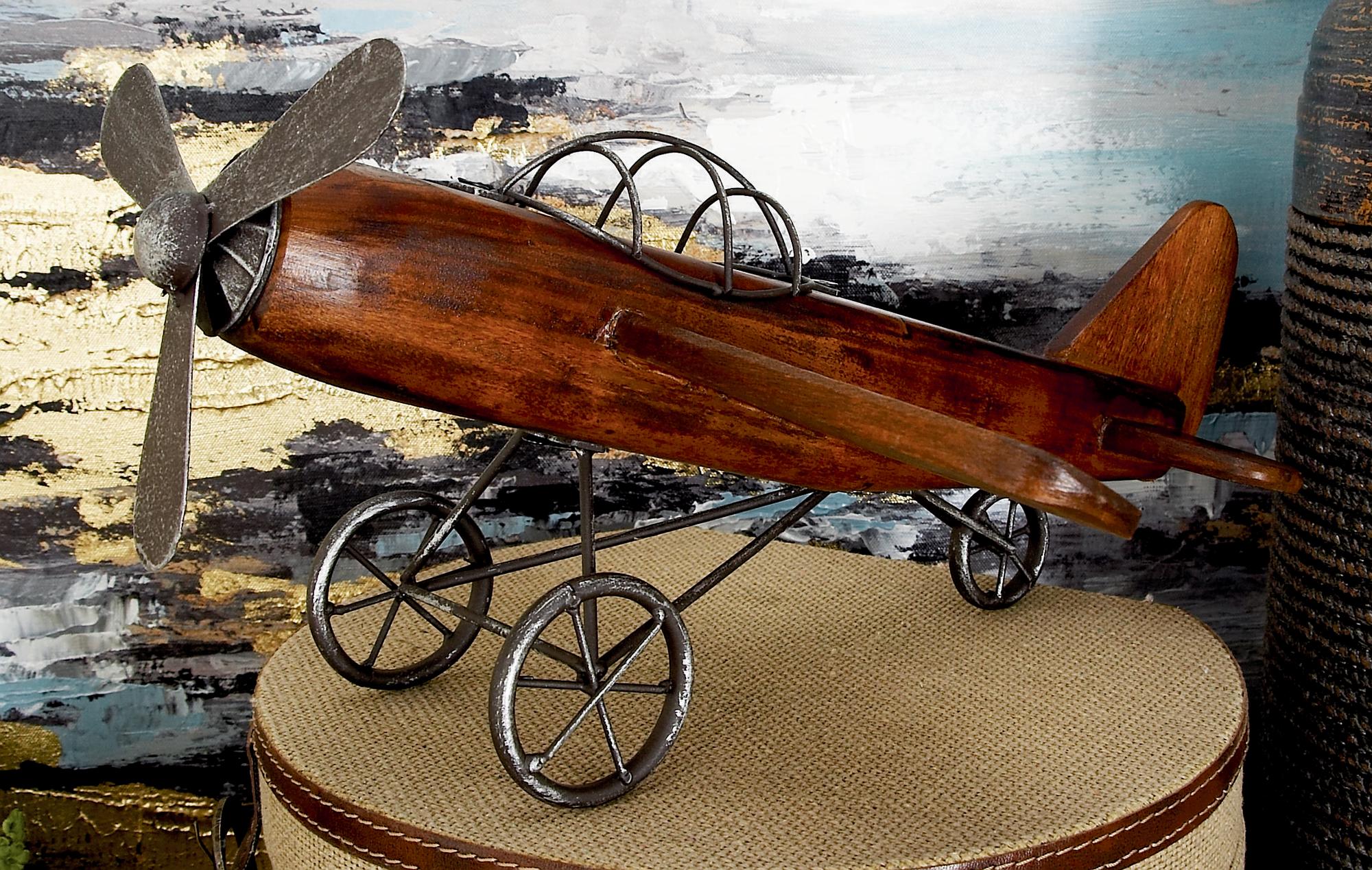 Airplane Brown Wood Decorative Sculpture with Gray Metal Accents