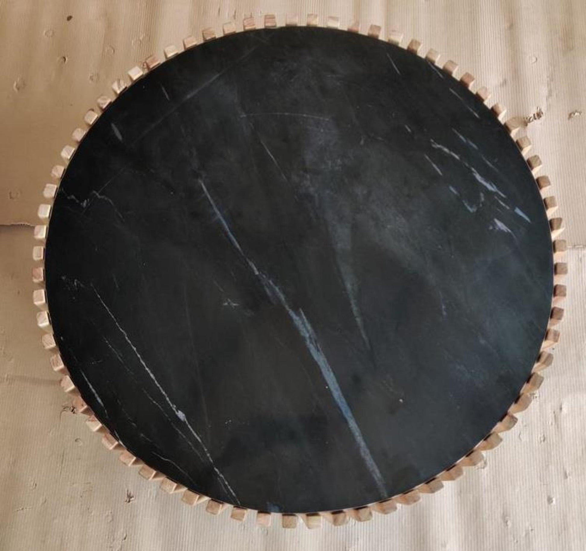 Brown Wood Slatted Open Framed Drum Living Room Coffee Table with Black Marble Tabletop