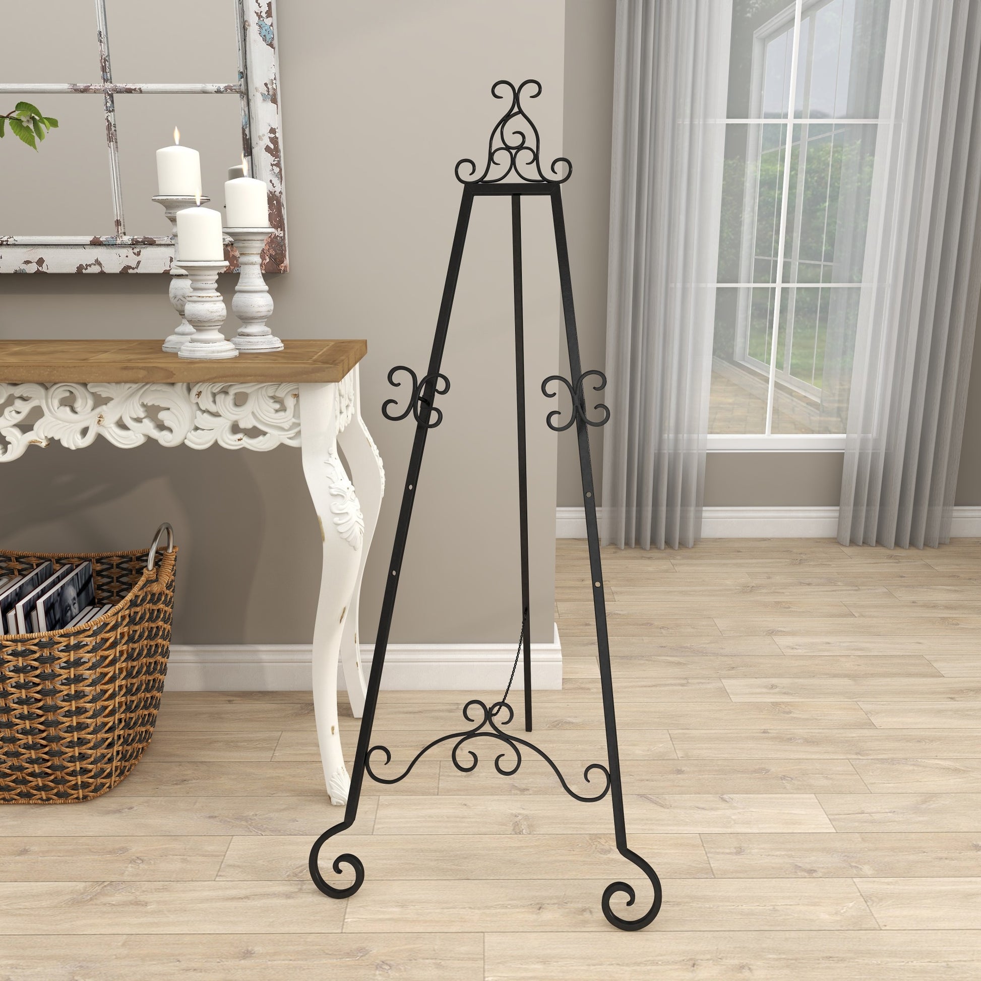 Scroll Black Metal Tall Adjustable Floor 3 Tier Display Easel