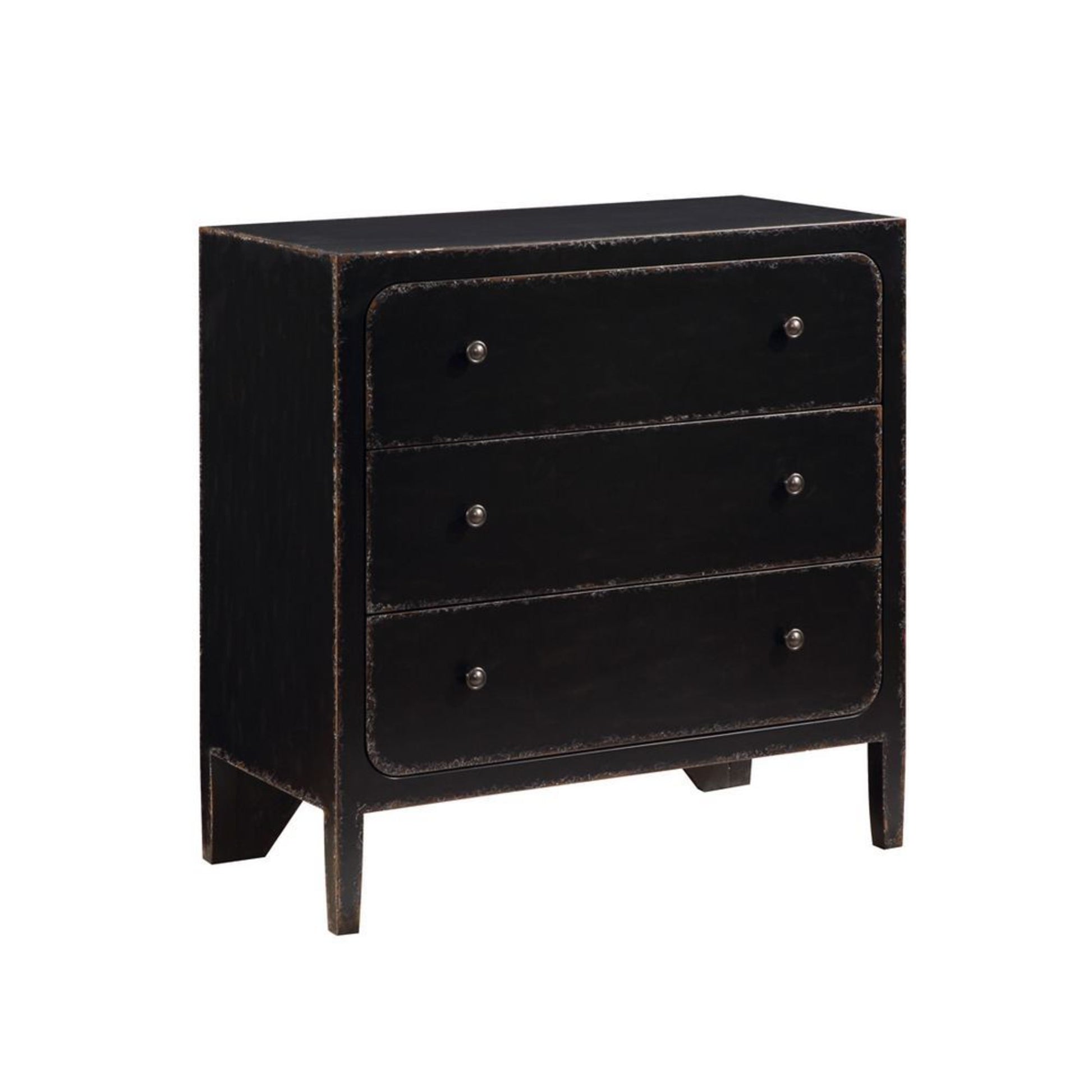Black Wooden Distressed 3 Drawer Room Dresser with Silver Knob Handles