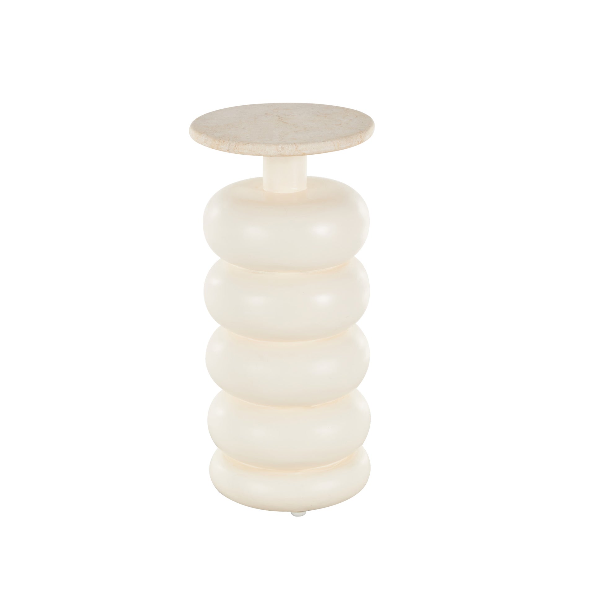 Cream Teak Wood Handmade Carved Bubble Inspired Side End Accent Table with Marble Tabletop