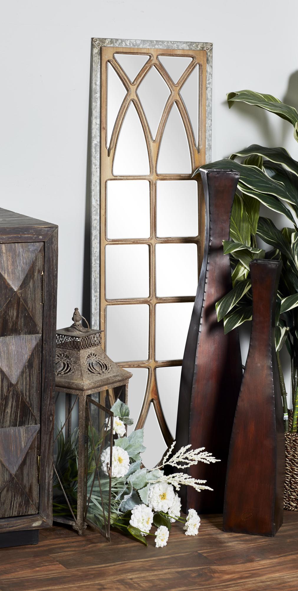 Geometric Brown Wood Window Pane Inspired Panel Room Wall Mirror with Galvanized Metal Frame