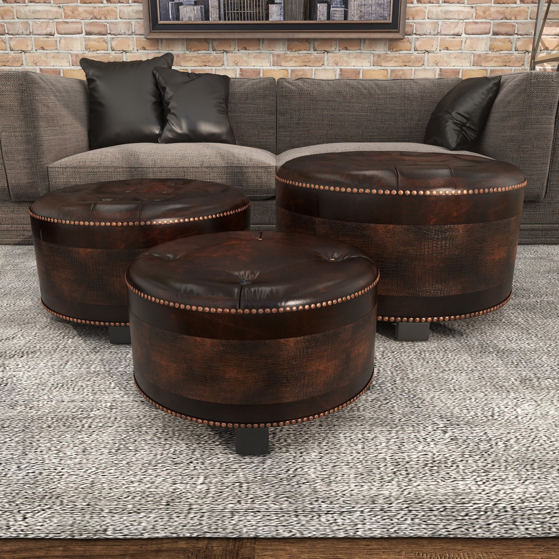 Set of 3 Dark Brown Wooden Room Storage Ottoman with Tufted Top
