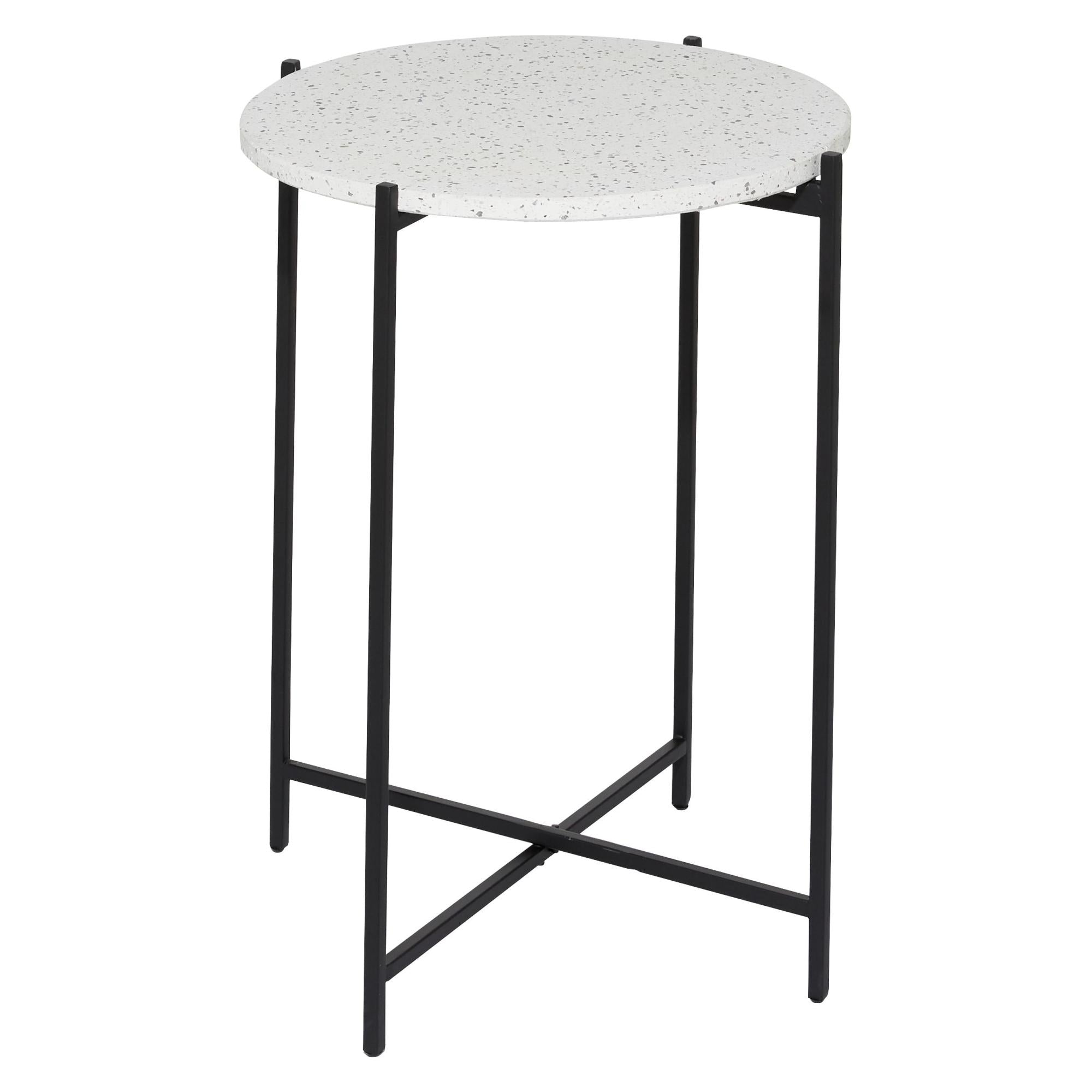 White Terrazzo Stone Side End Accent Table with Black Metal X-Stand