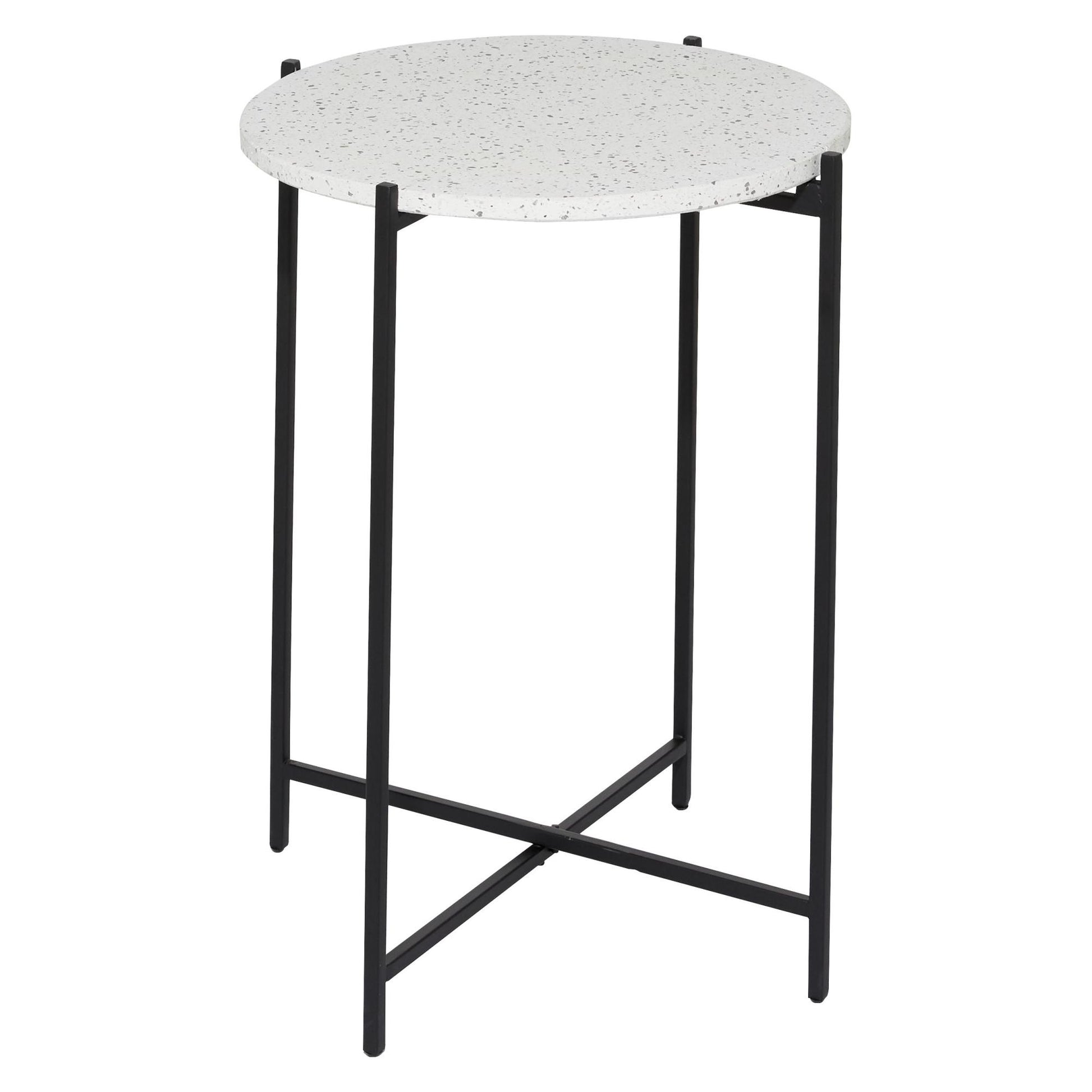 White Terrazzo Stone Side End Accent Table with Black Metal X-Stand