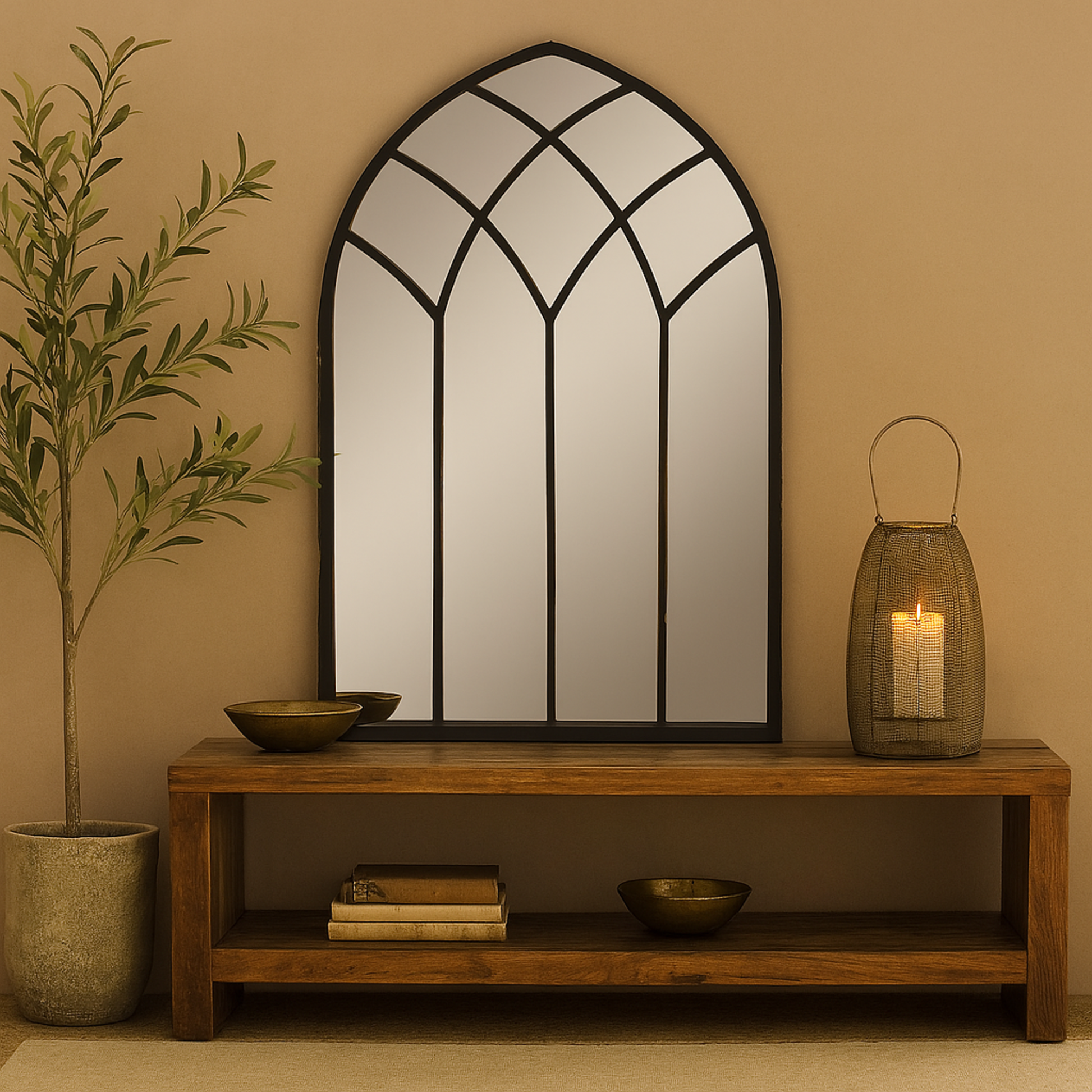 Black Metal Arched Window Pane Room Wall Mirror