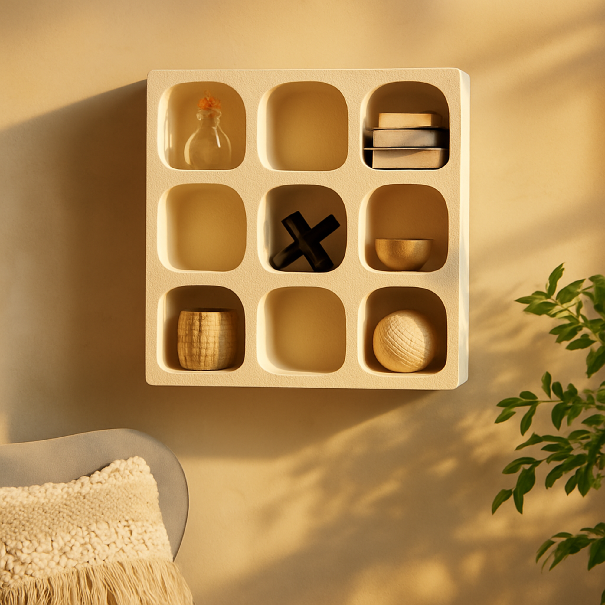 Geometric Wooden 9 Cubby Room Wall Shelf with Abstract Block Shapes