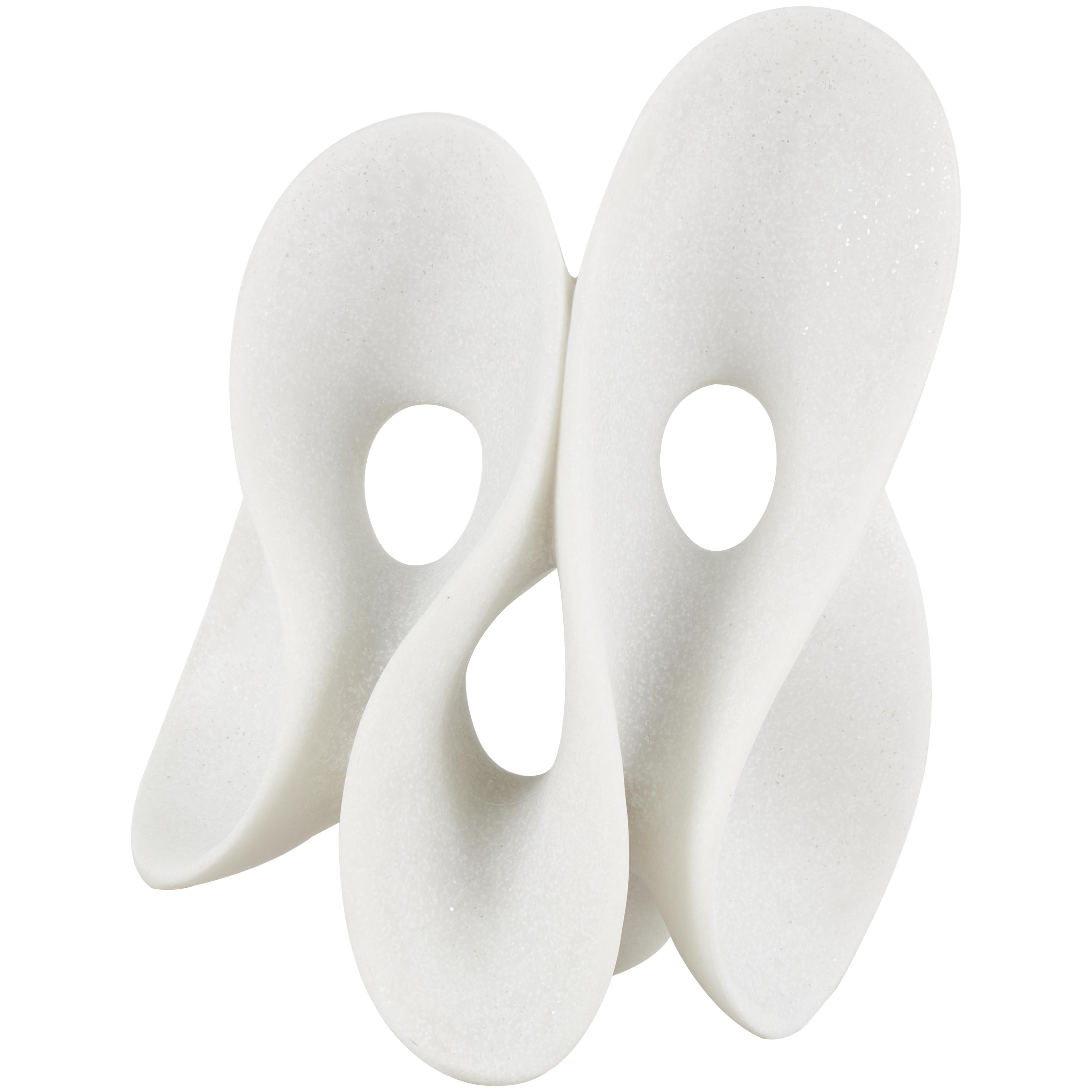 Abstract White Polystone Wavy Shaped Decorative Sculpture with Cutouts and Speckled Texturing