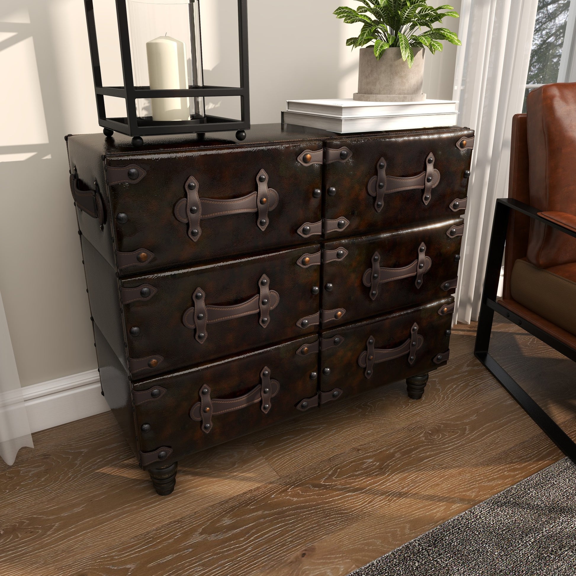 Black Wood Vintage Faux Leather Room Chest with Rivets and Straps Detailing