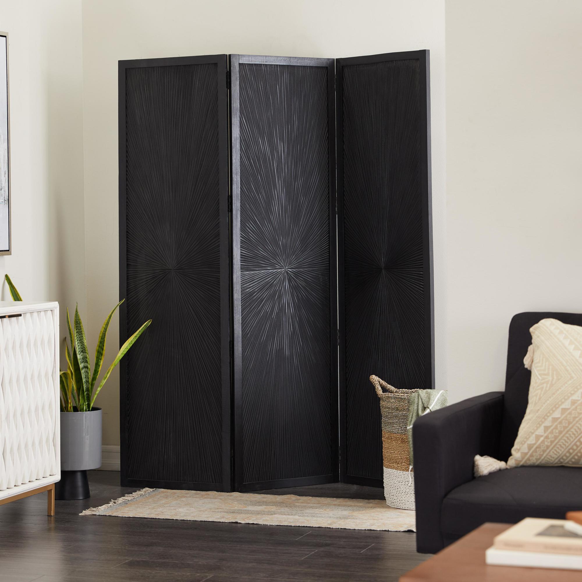 Mango Wood Hinged Foldable Partition 3 Panel Partition Room Divider Screen with Carved Design