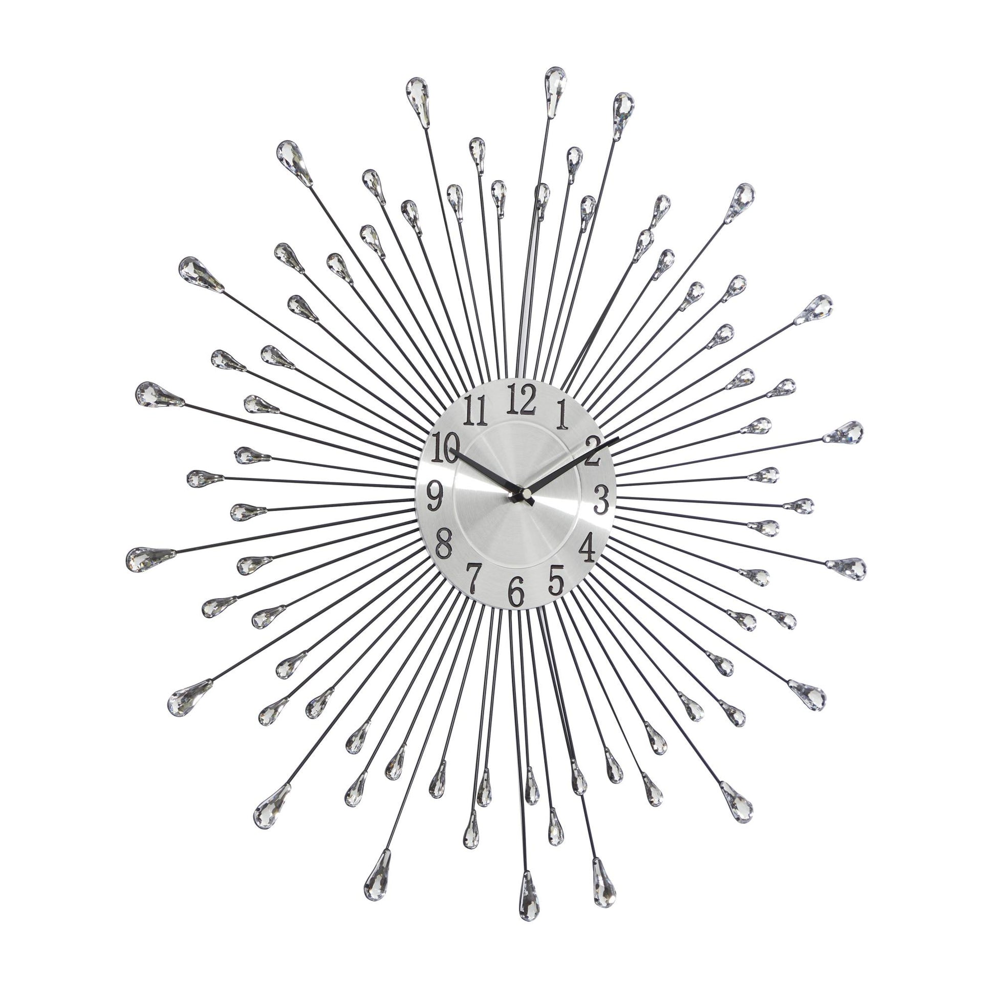 Starburst Silver Metal Decorative Wall Clock with Crystal Embellishment