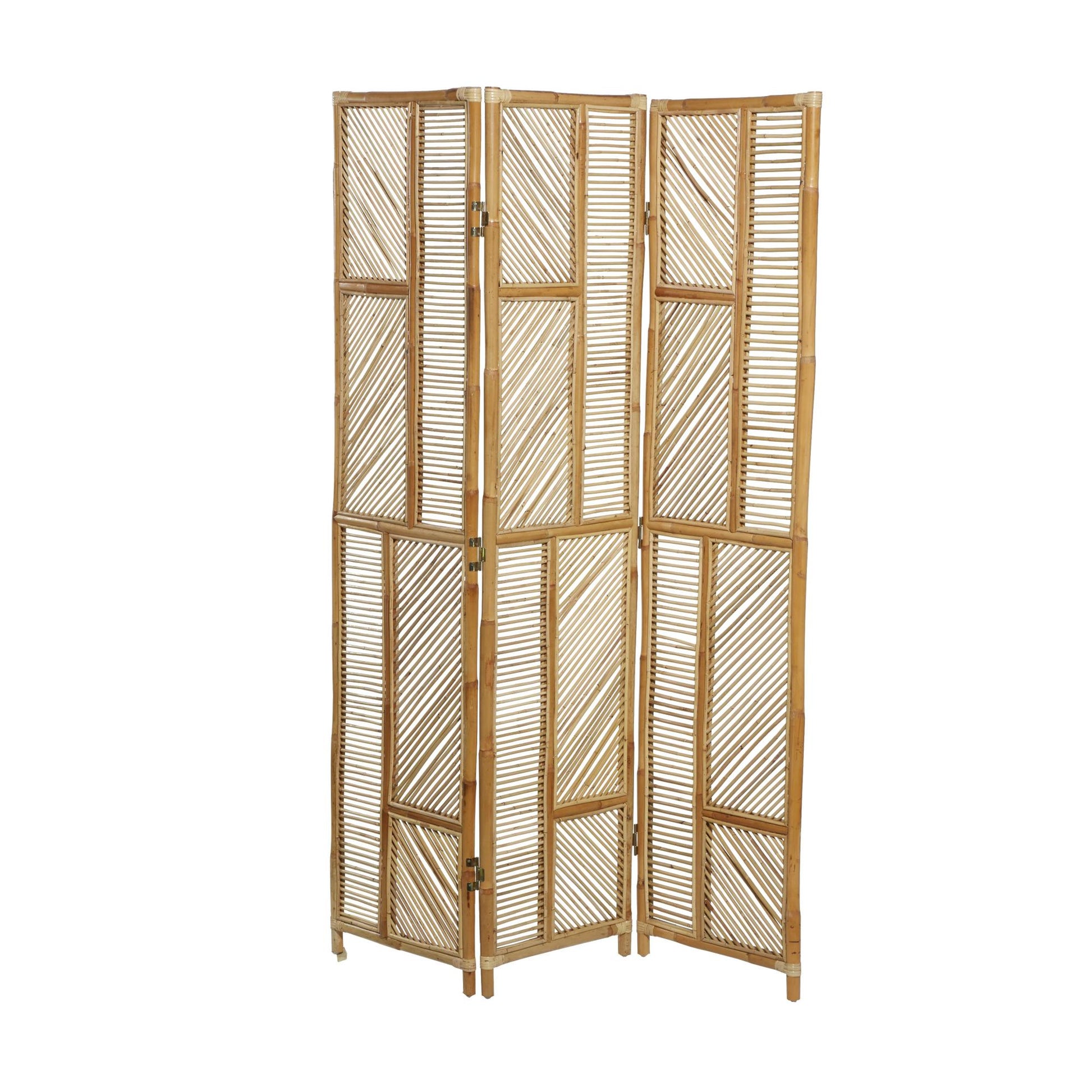 Geometric Brown Wood Hinged Foldable Partition 3 Panel Partition Room Divider Screen