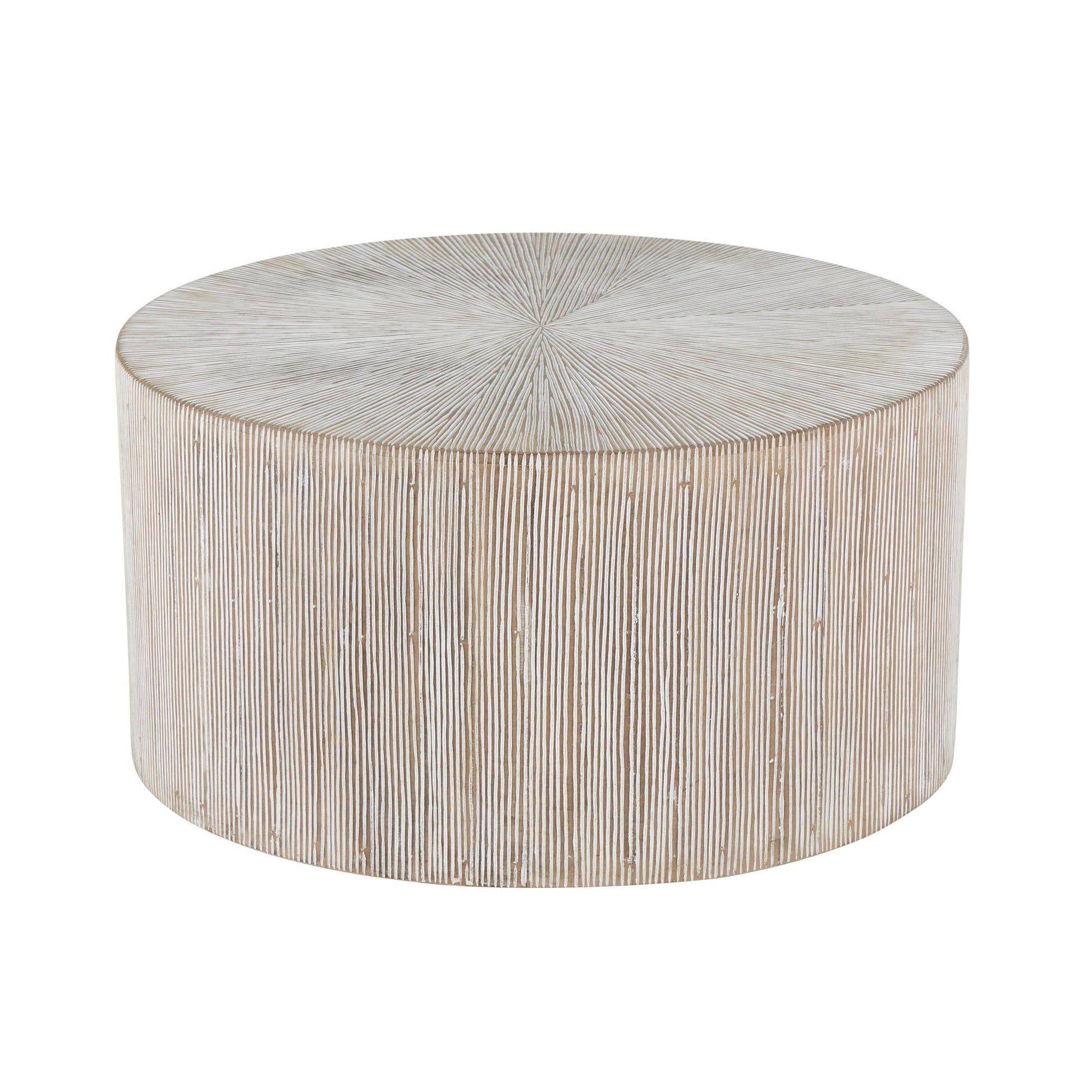 Starburst Brown Wooden Drum Living Room Coffee Table with White Accents
