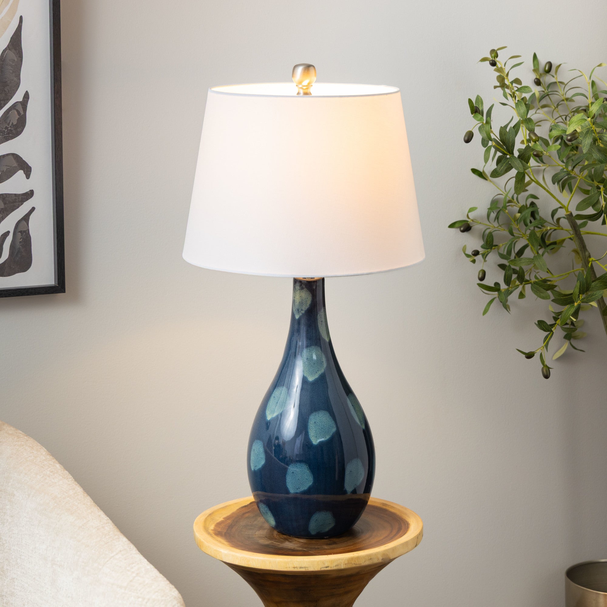 Set of 2 Abstract Teal Ceramic Textured Room Table Lamp with Drum Shade
