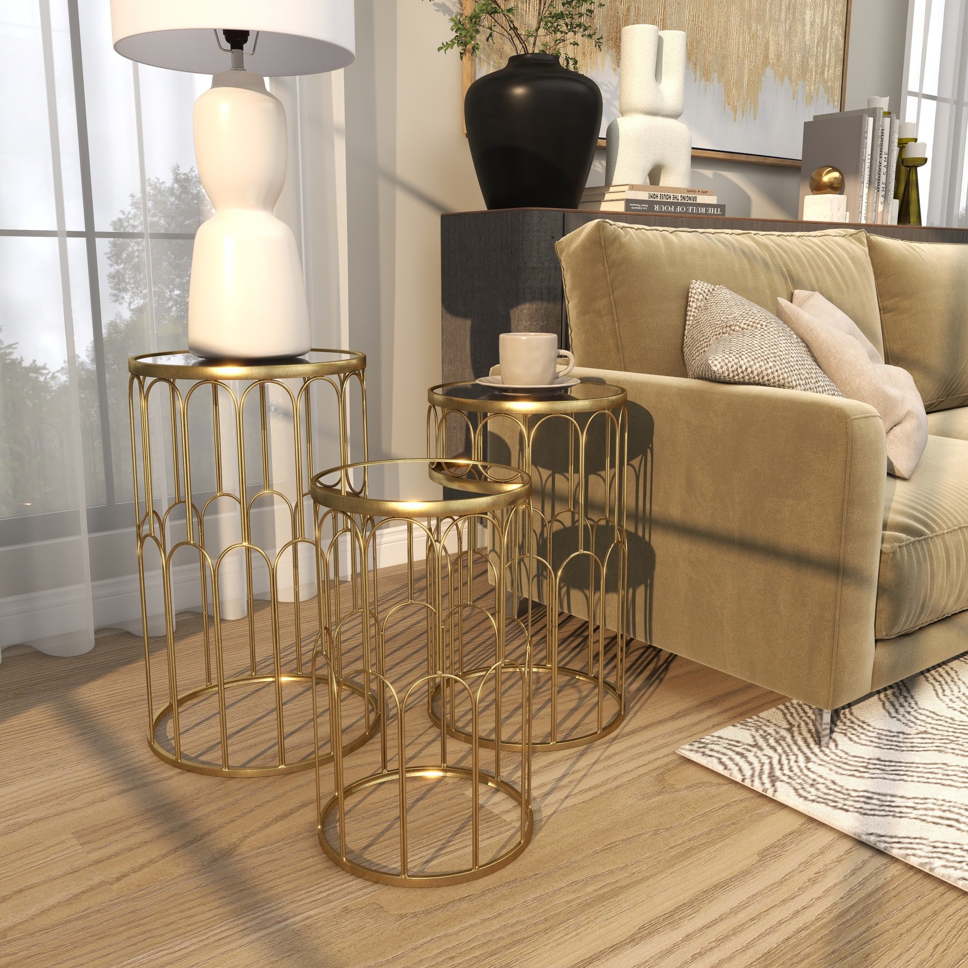 Set of 3 Gold Metal Side End Accent Table with Mirrored Glass Top