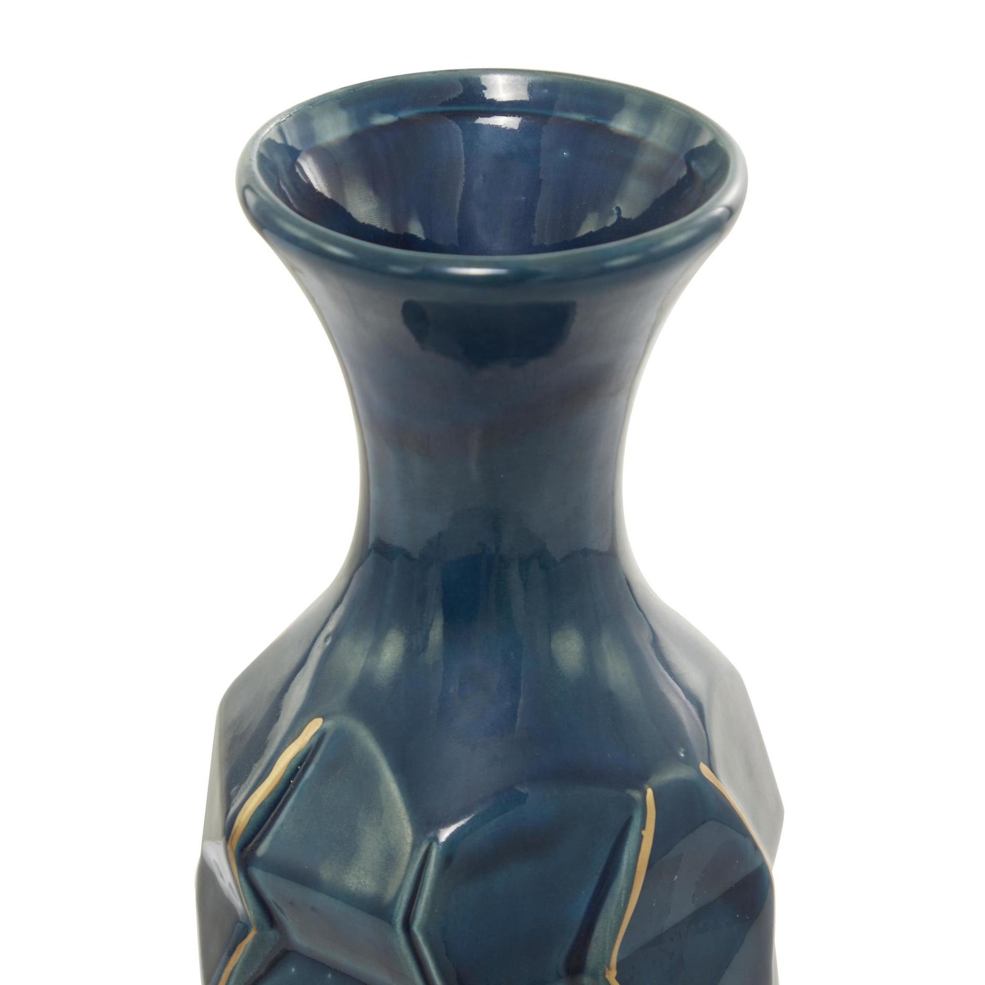 Teal Ceramic Geometric Floor Decorative Vase with Gold Accents