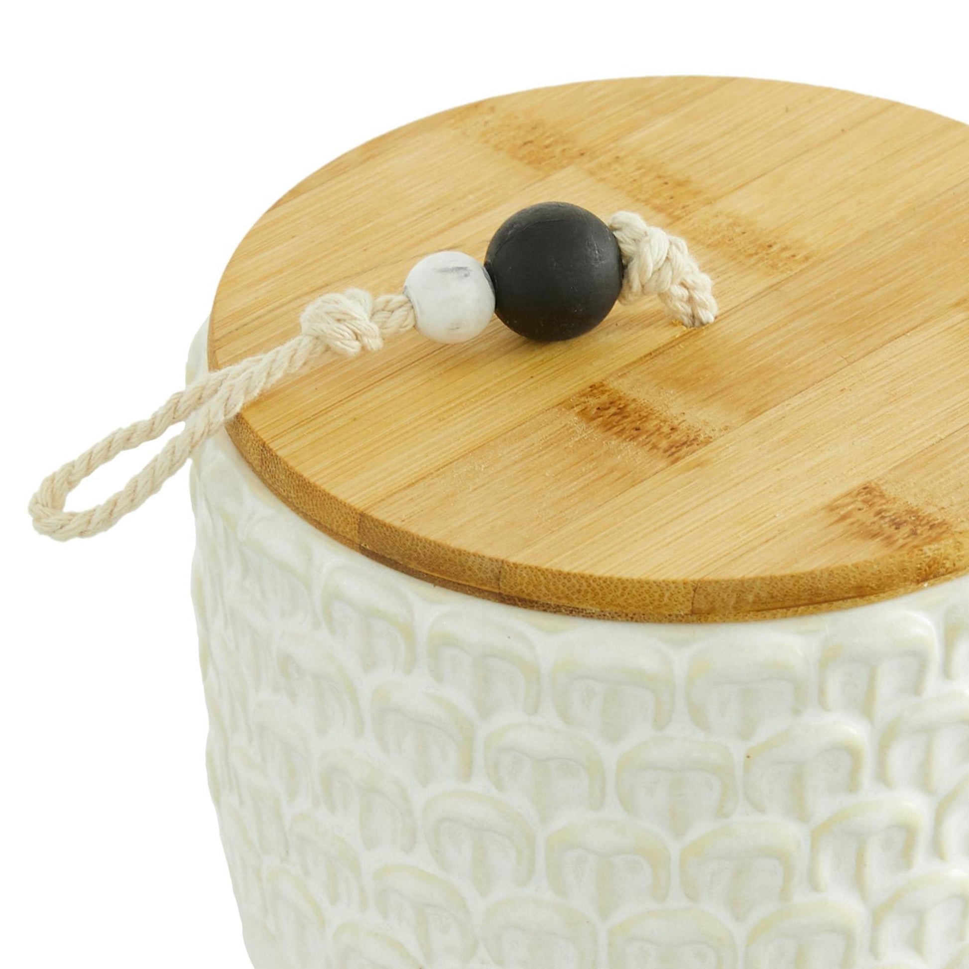 Set of 3 White Ceramic Textured Living Room Decorative Jars with Wood Lids and Black Beaded Accents