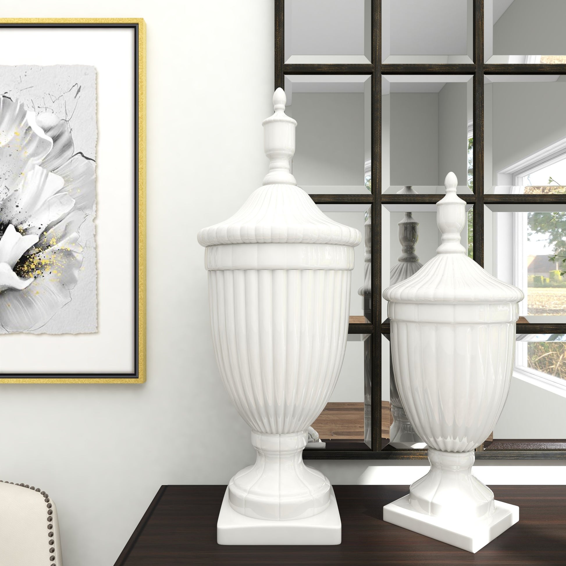 Ceramic Tall Fluted Urn Living Room Decorative Jars with Grooves and Lid