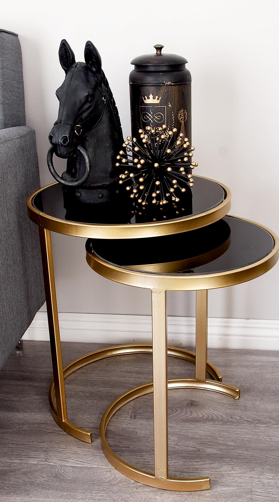 Set of 3 Metal Round Nesting Side End Accent Table with Black Glass Top