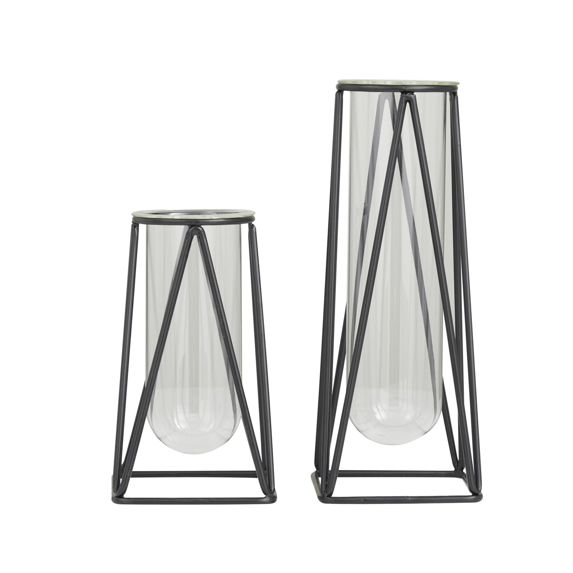 Set of 2 Geometric Glass Tube Decorative Vase with Metal Stand
