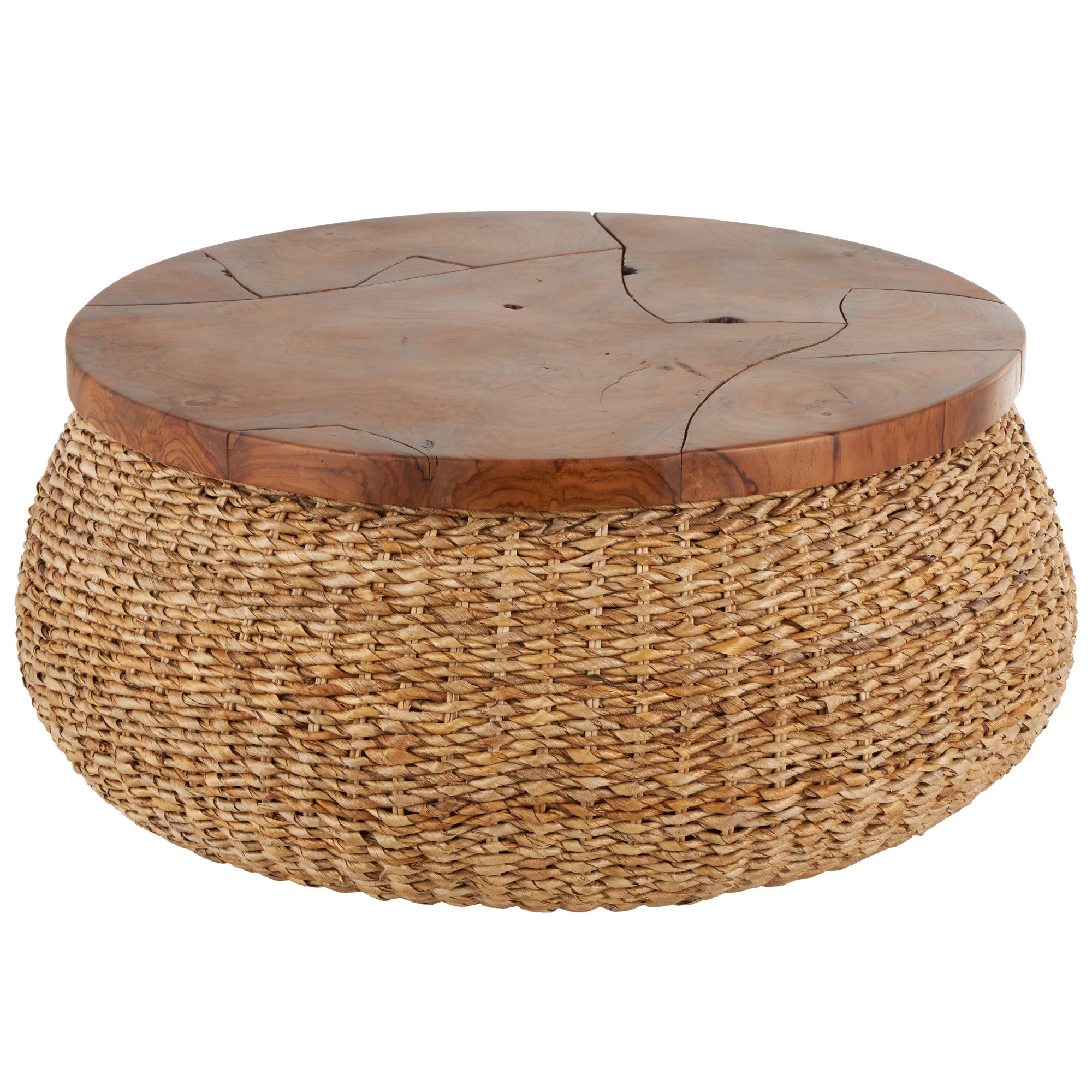 Brown Rattan Wrapped Living Room Coffee Table with Teak Tabletop