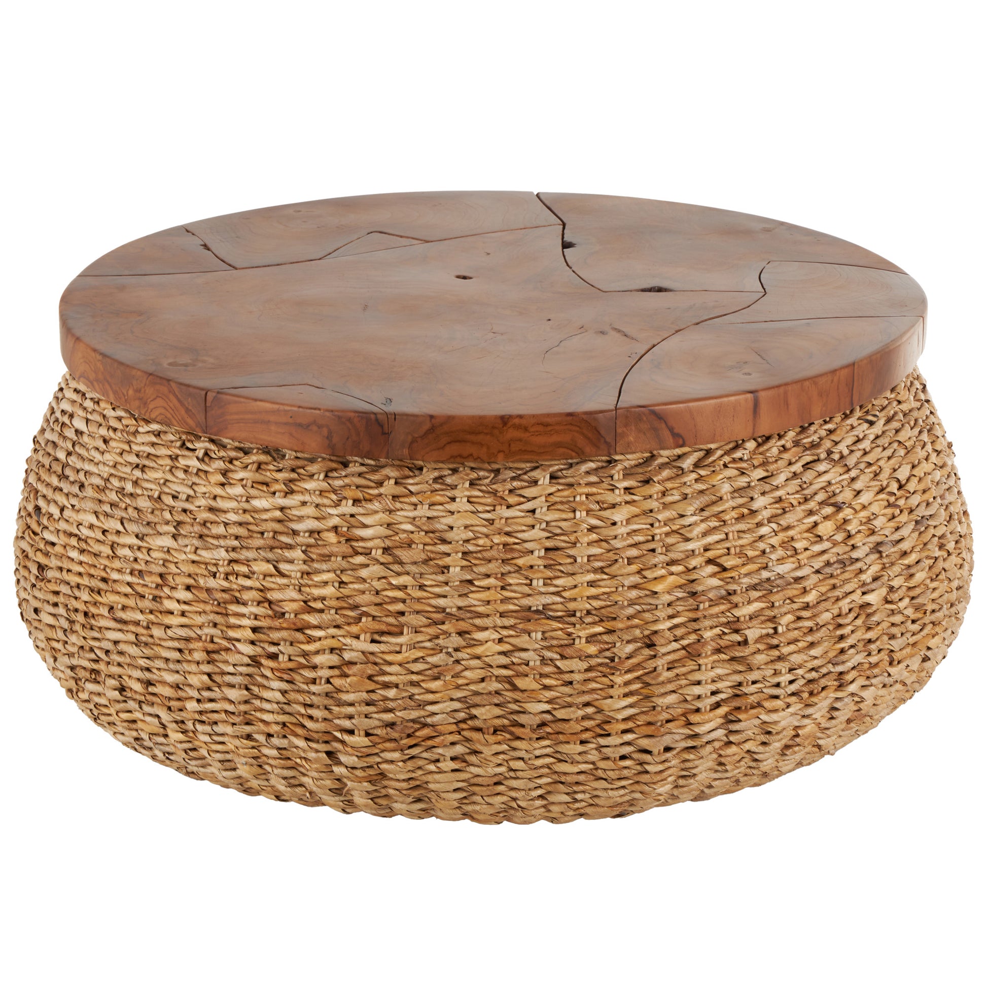 Brown Rattan Wrapped Living Room Coffee Table with Teak Tabletop