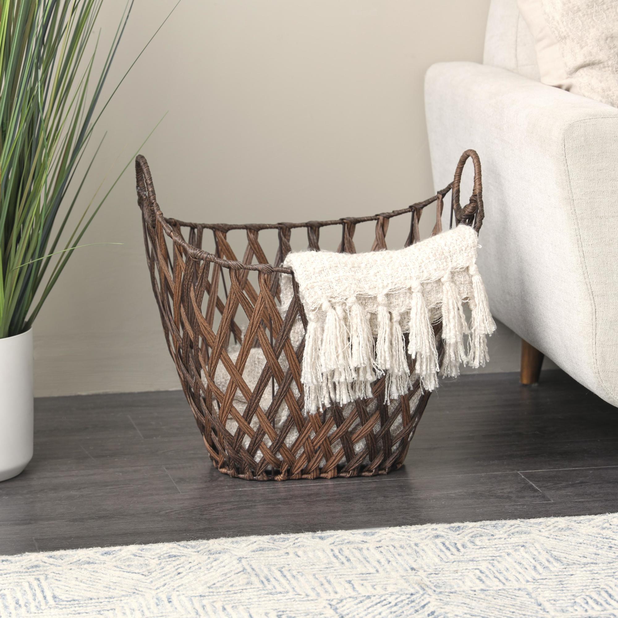 Geometric Bronze Plastic Rattan Open Frame Woven Decorative and Functional Storage Basket with Ring Handles