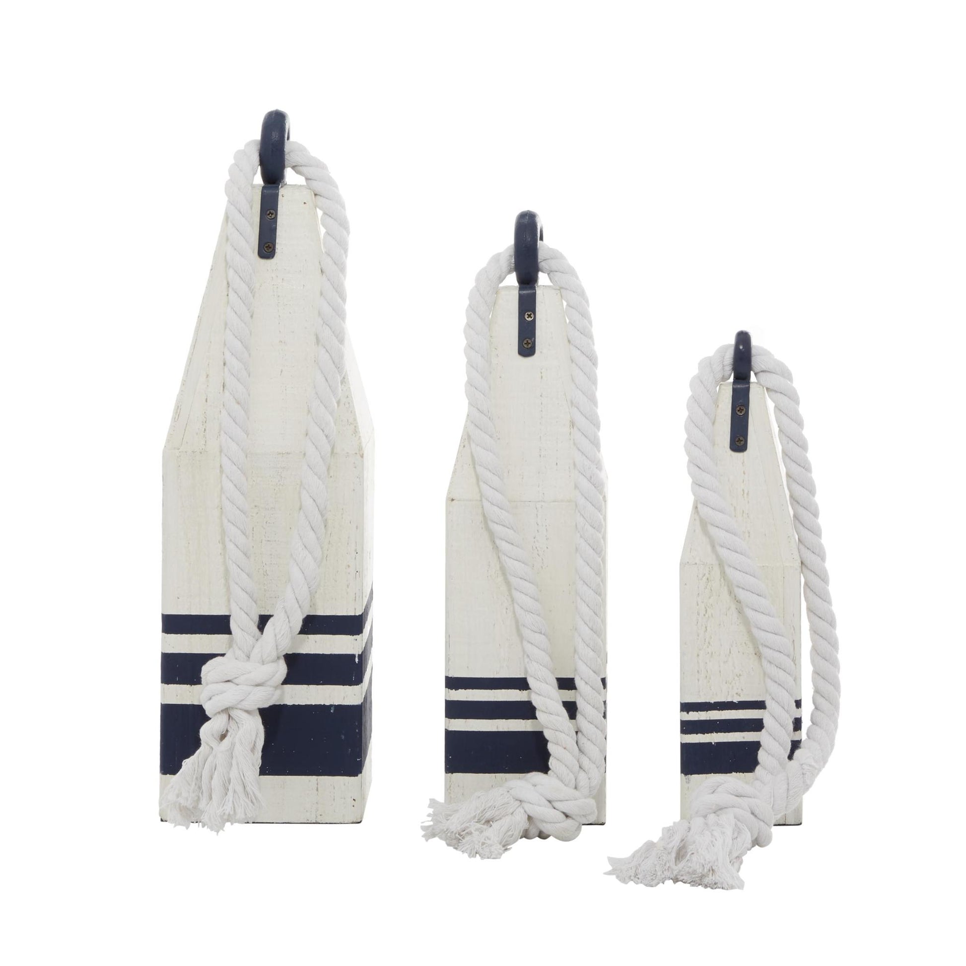 Set of 3 Buoy White Wood Handmade Decorative Sculpture with Rope Accents