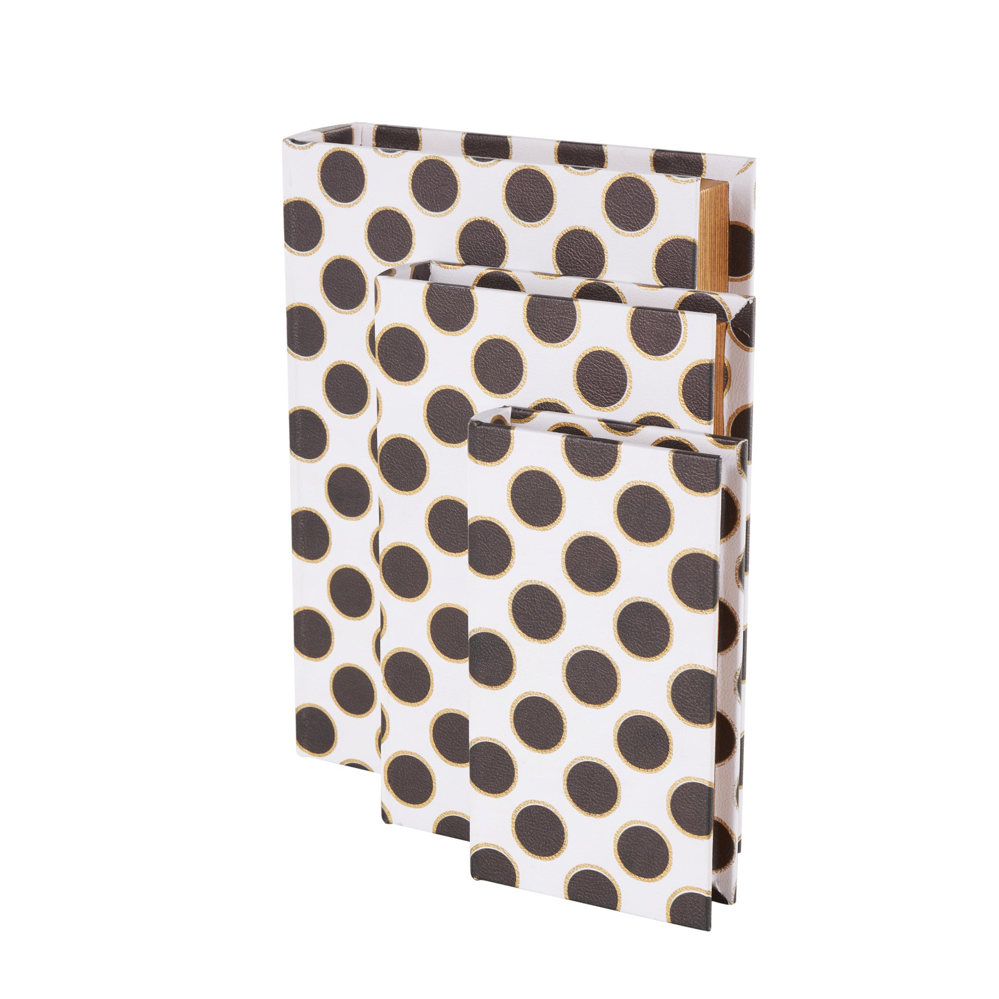 Set of 3 White Faux Leather Polka Dot Faux Book Storage Decorative Box with Black and Metallic Gold Accents