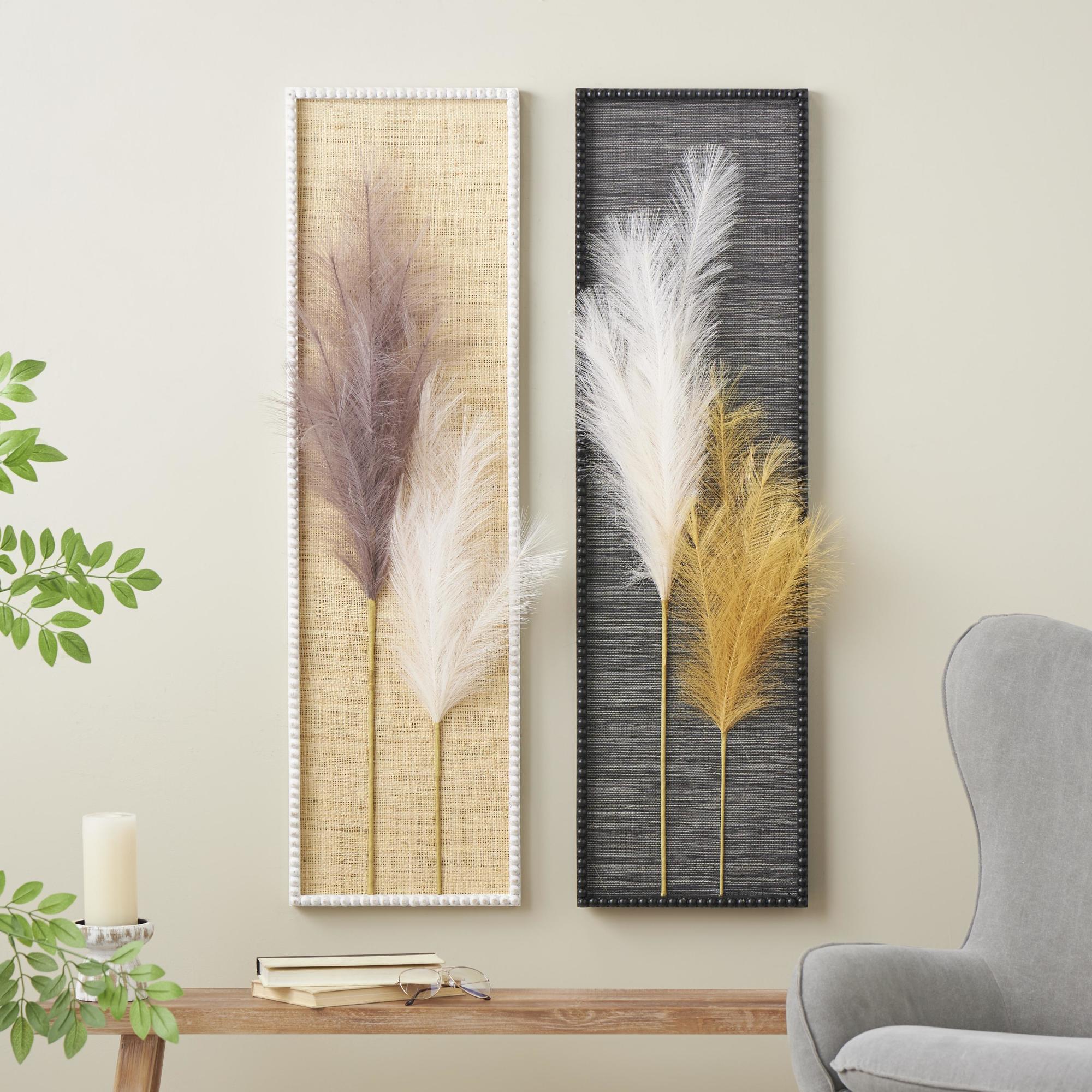 Set of 2 Leaf Brown Wood Handmade 3D Pampas Stem Living Room Framed Wall Art with Textured Backing and Beaded Frame