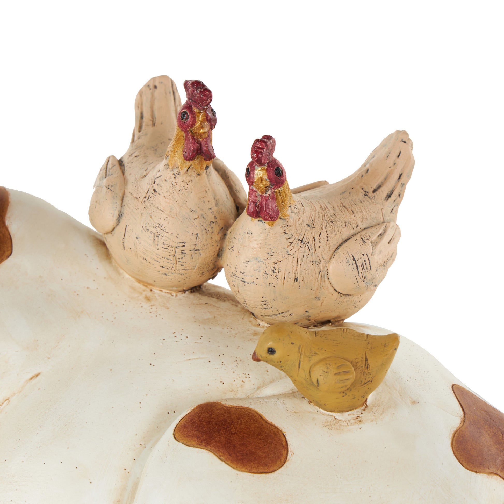 Cow Polystone Sleeping Decorative Sculpture with Sitting Roosters and Chicks 11" x 6" x 6"