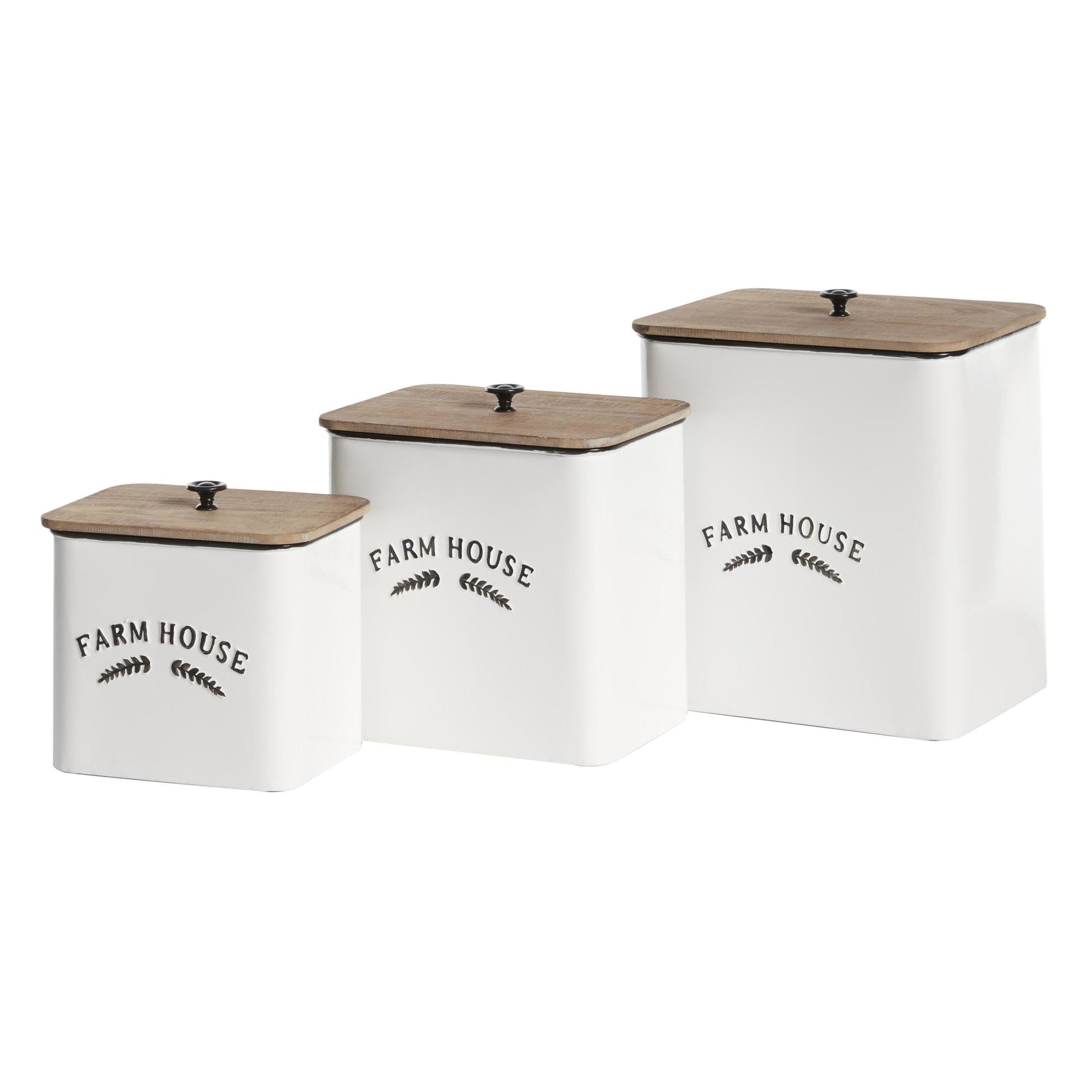 Set of 3 White Metal Farm House Decorative Canisters with Wood Lids and Black Accents