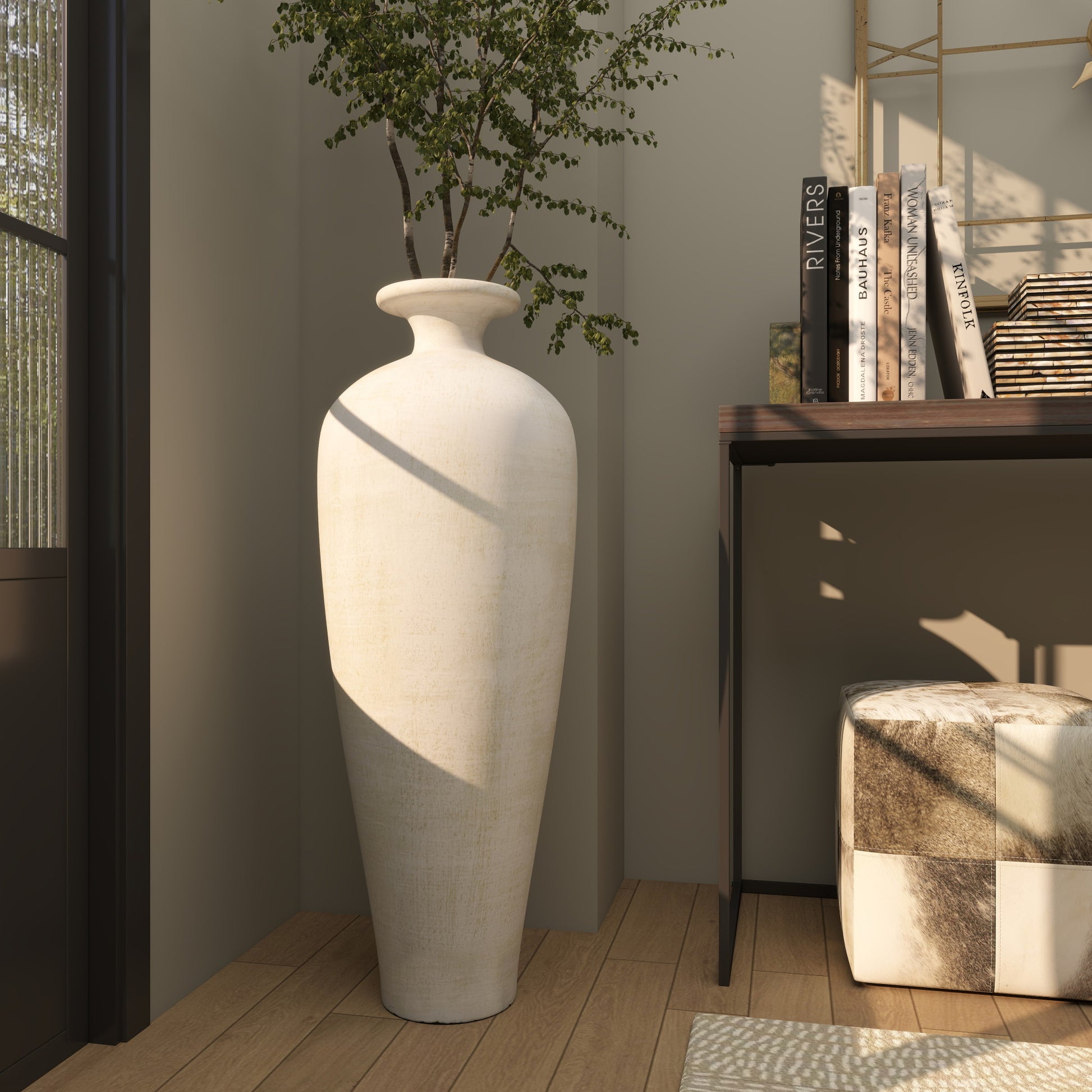 Beige Ceramic Tall Amphora Floor Decorative Vase