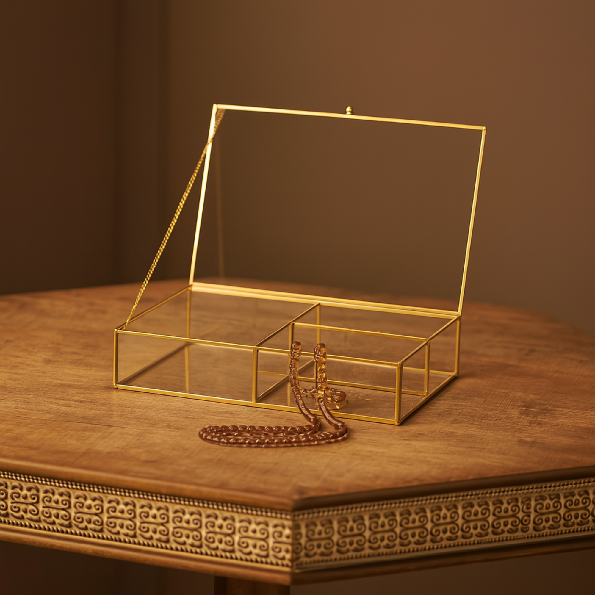 Clear Glass 3 Slot Decorative Jewelry Box with Gold Metal Frame and Chain Accent