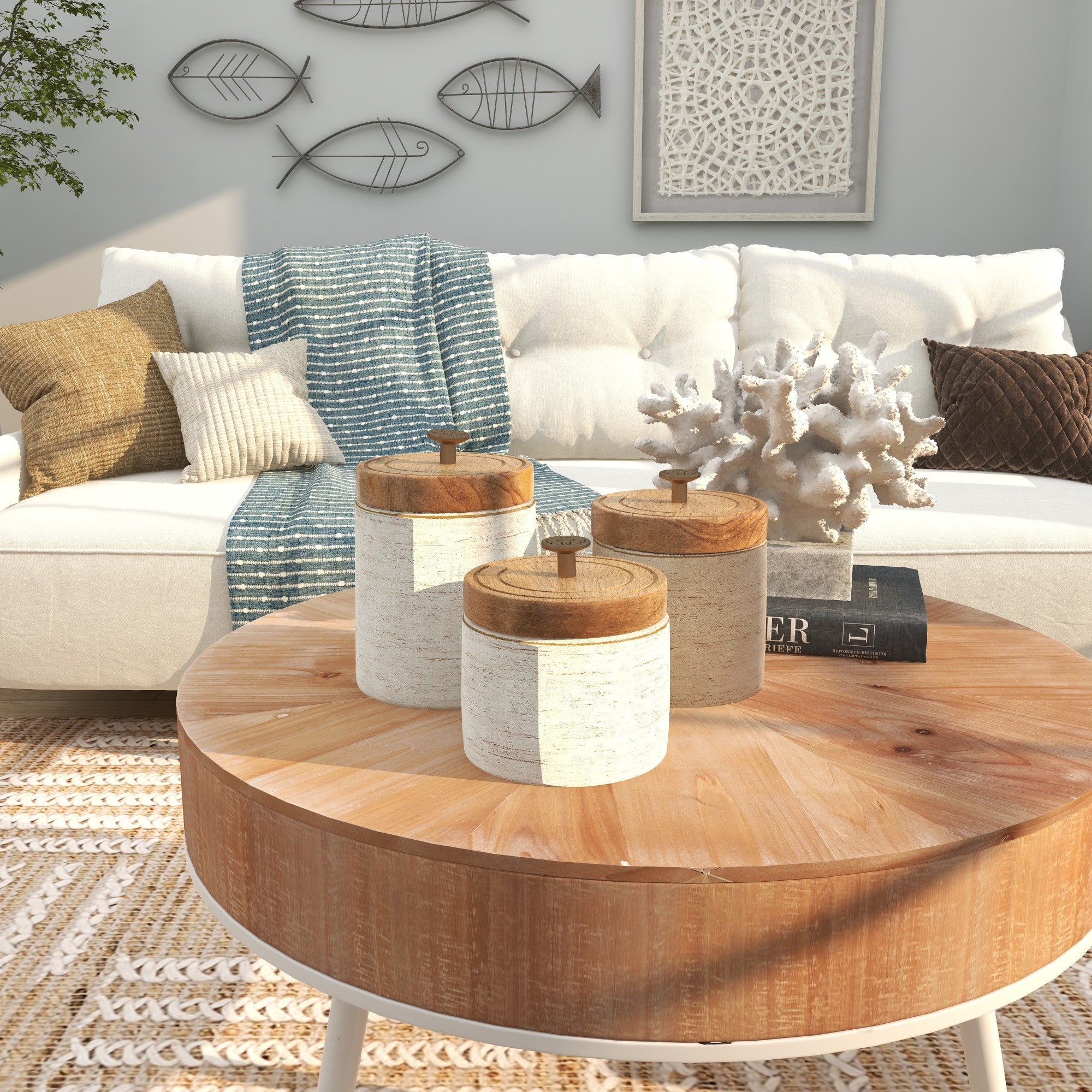 Set of 3 White Ceramic Living Room Decorative Jars with Wood Lids