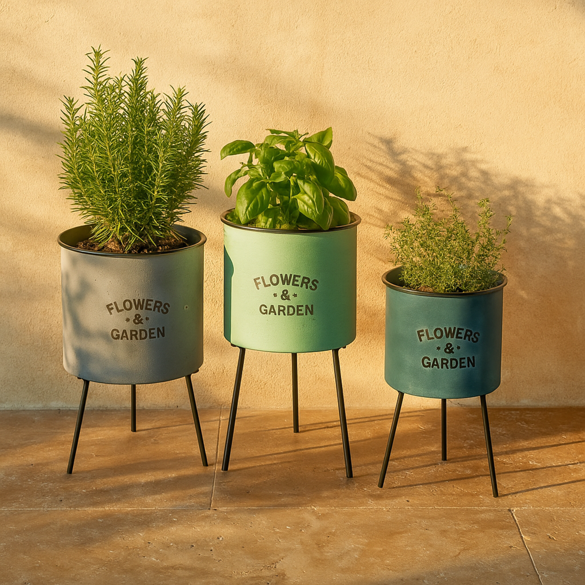 Set of 3 Text Blue Metal Indoor Outdoor Planter with Flowers And Garden Text and Black Tripod Legs