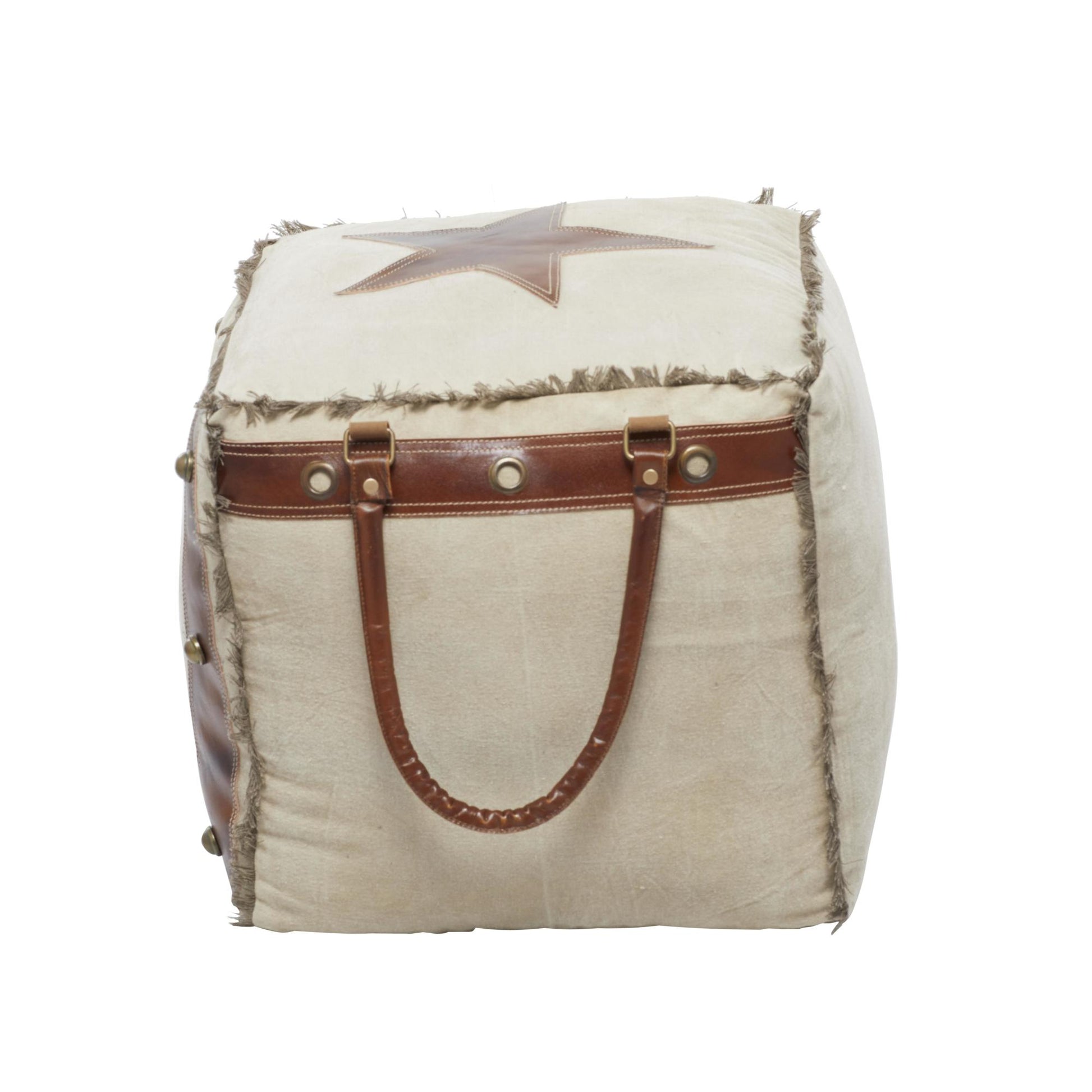Star Canvas Stuffed Pouf with Leather Accents