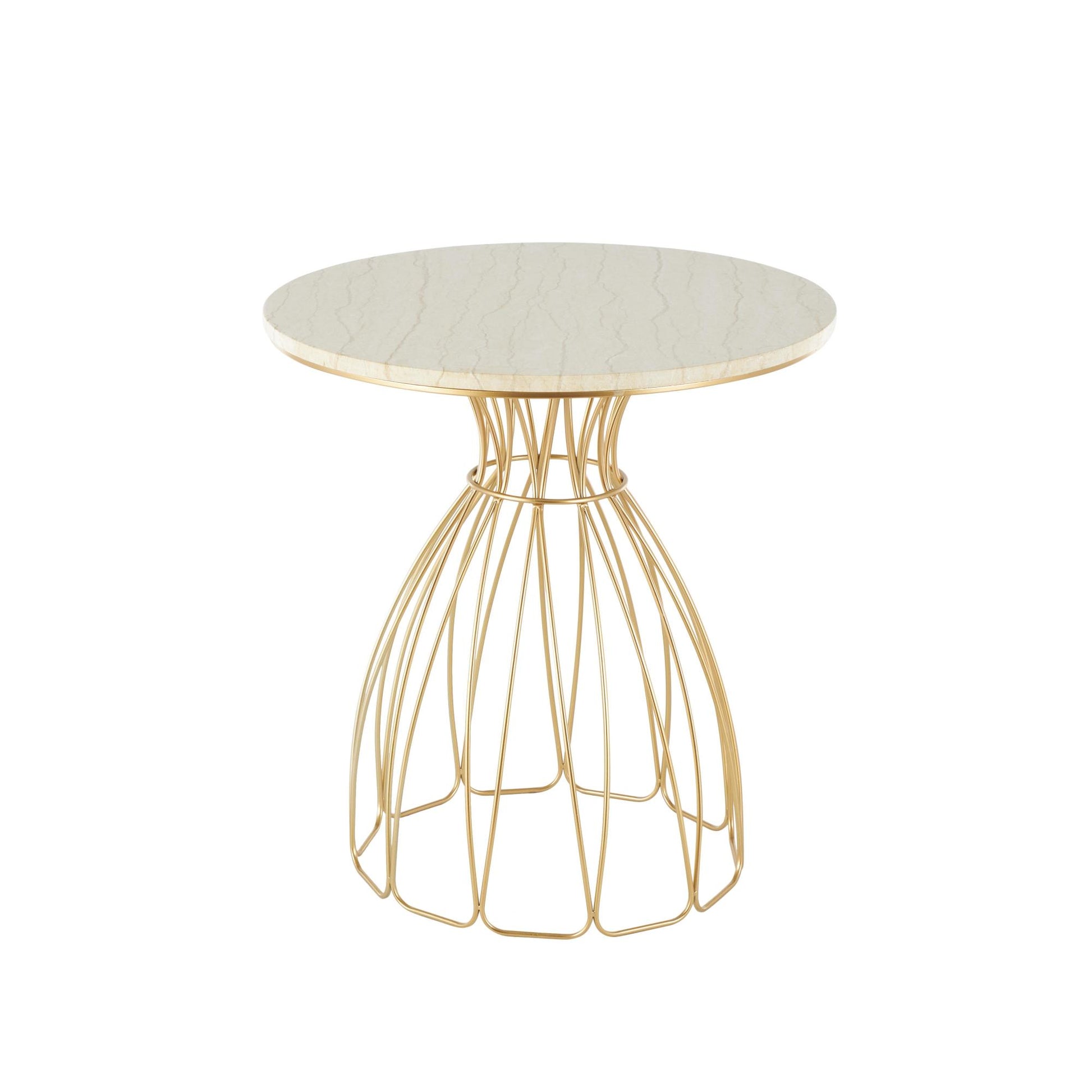Gold Metal Flower Inspired Side End Accent Table with Cream Marble Tabletop