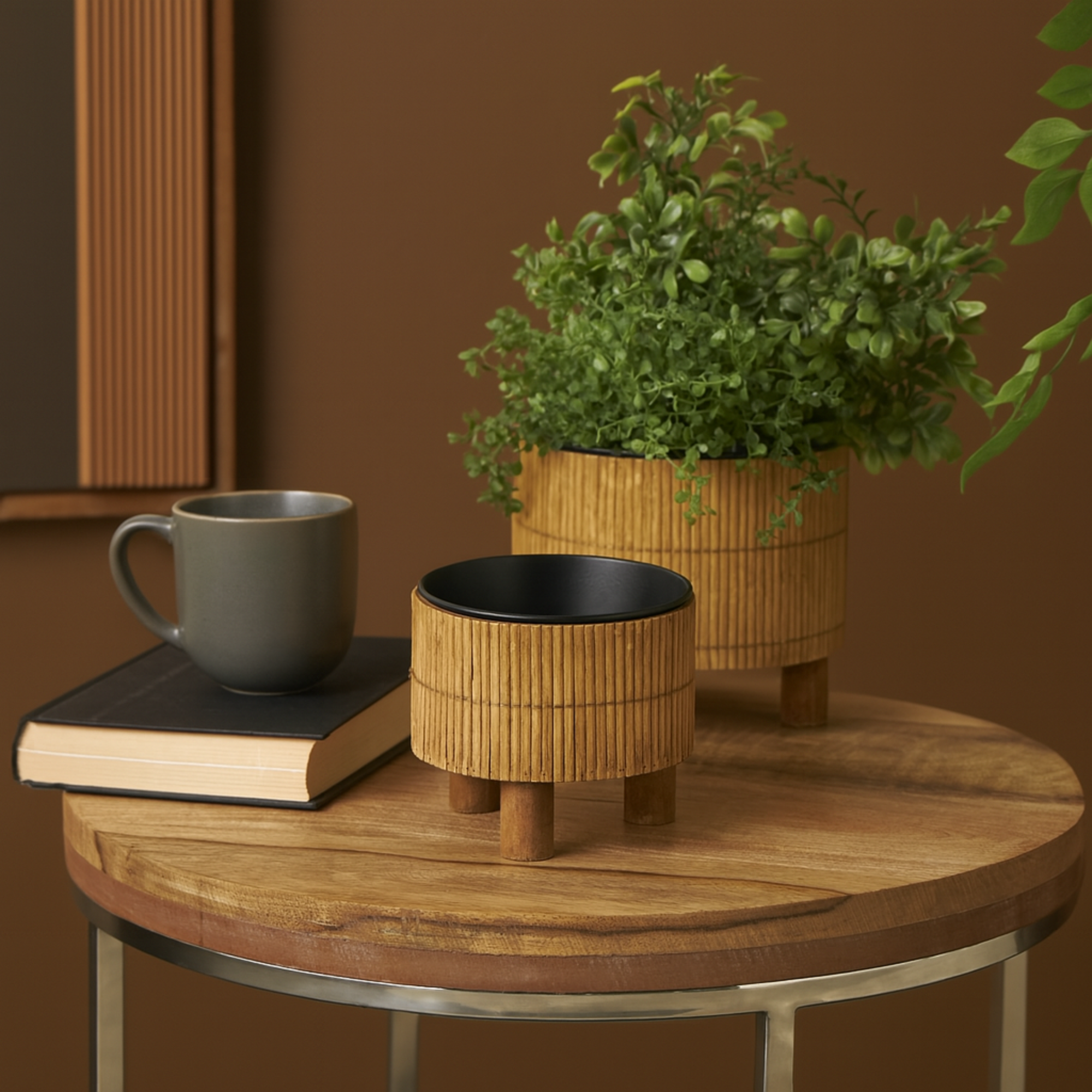 Set of 2 Brown Bamboo Wood Handmade Indoor Planter with Black Metal Interior