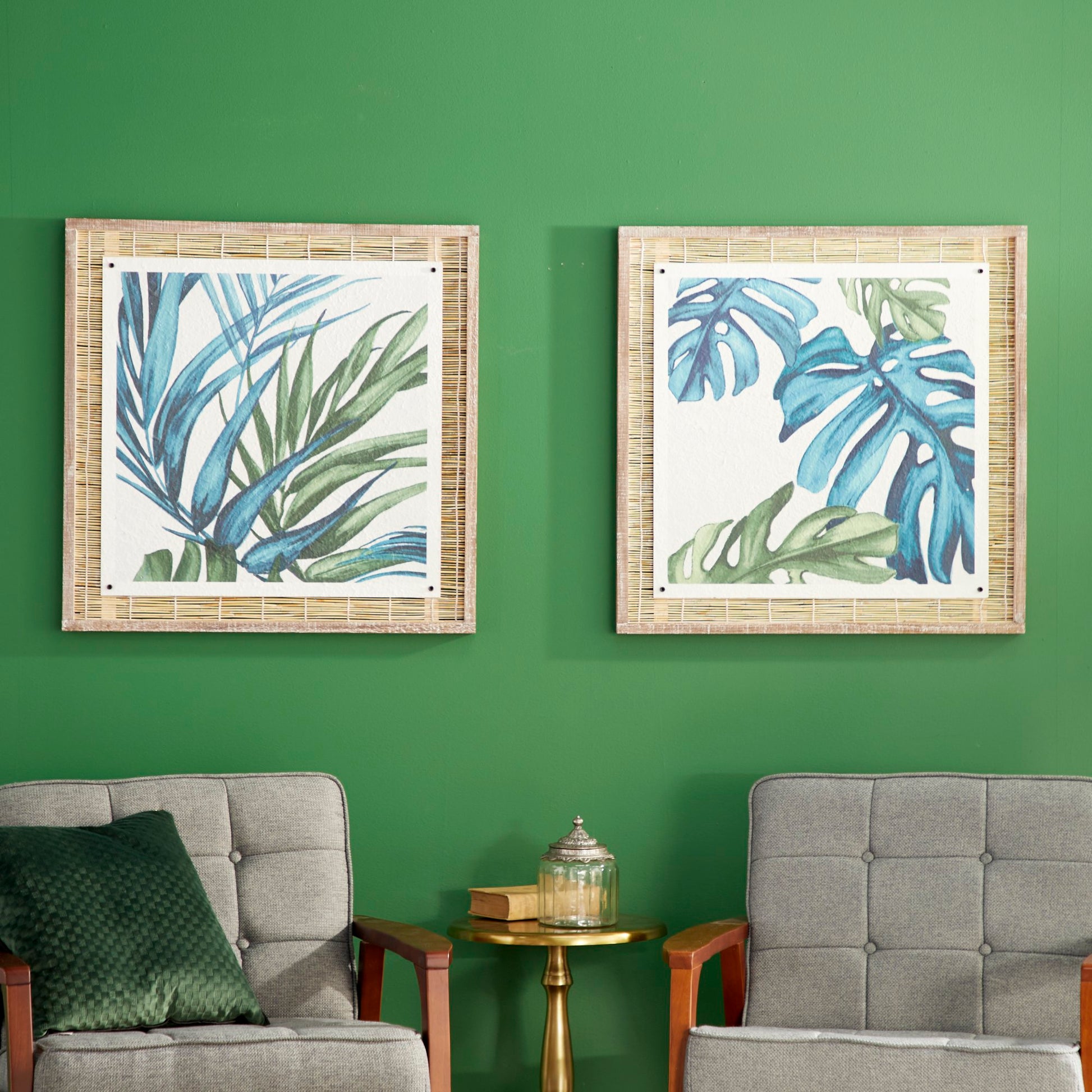 Set of 2 Leaf Blue Dried Plant Living Room Framed Wall Art with Brown Frame