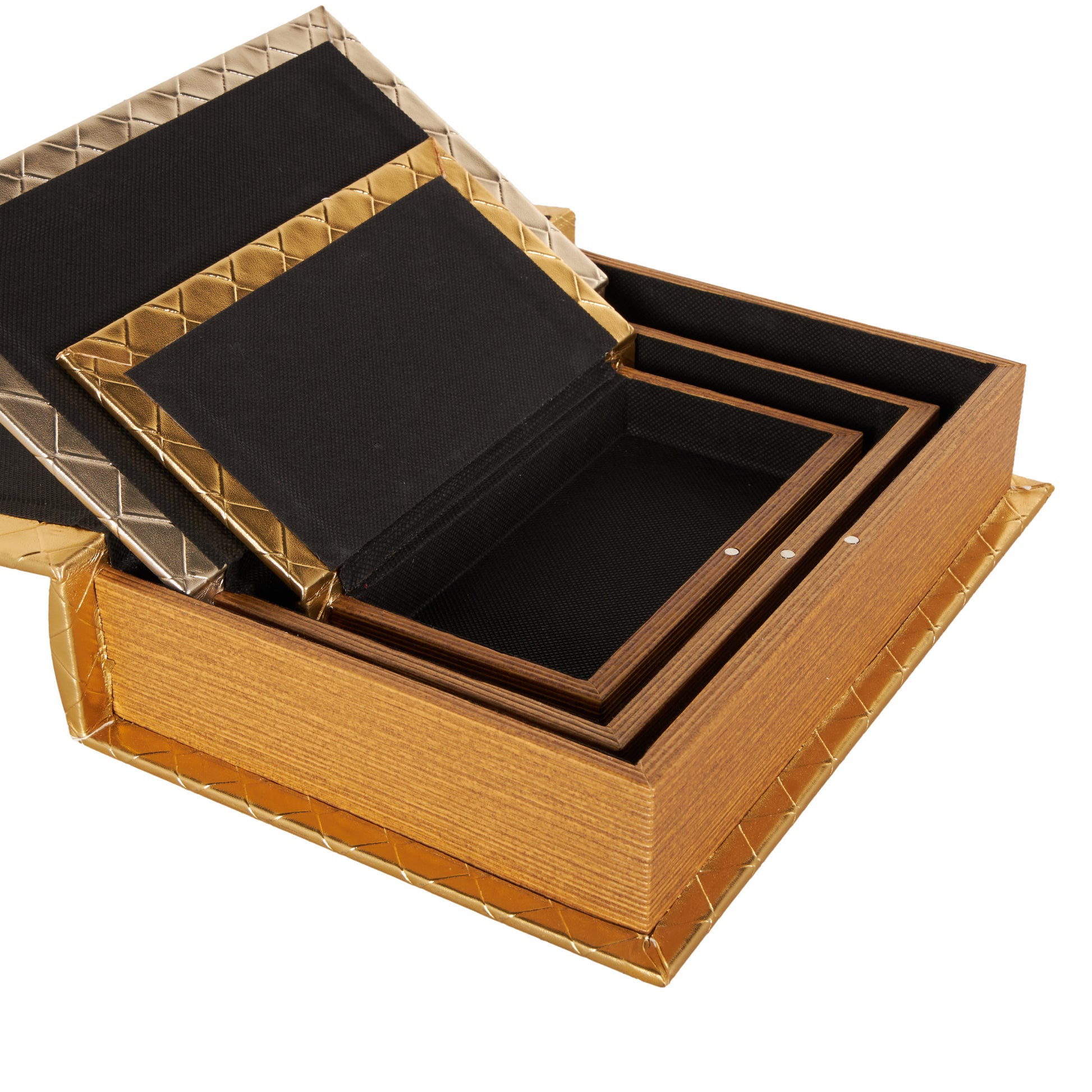 Set of 3 Geometric Gold Faux Leather Metallic Textured Diamond Faux Book Storage Decorative Box